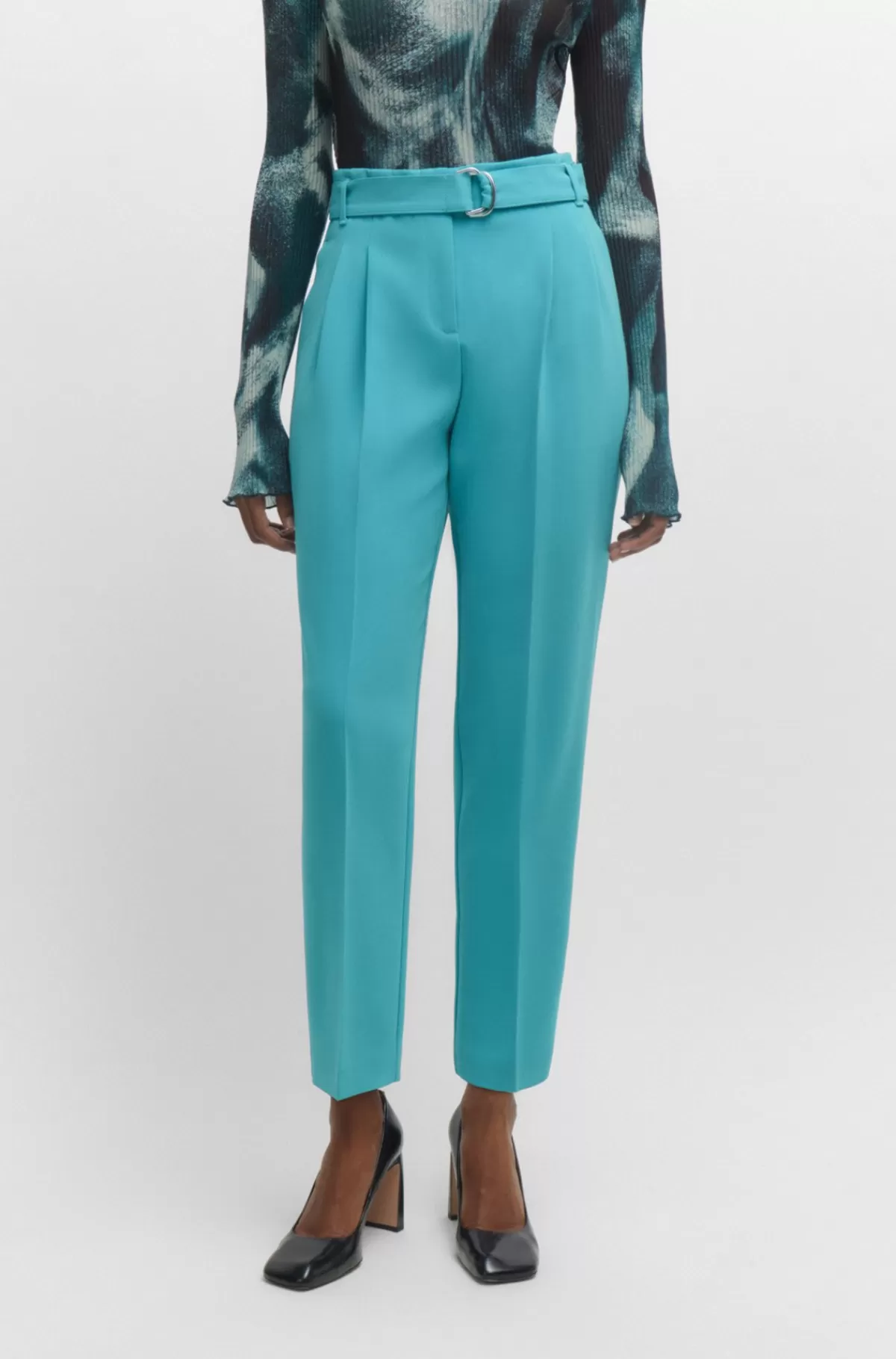 HUGO BOSS Afkortede Bukser Med Regular Fit I Strygelet Crepe Turkis Clearance