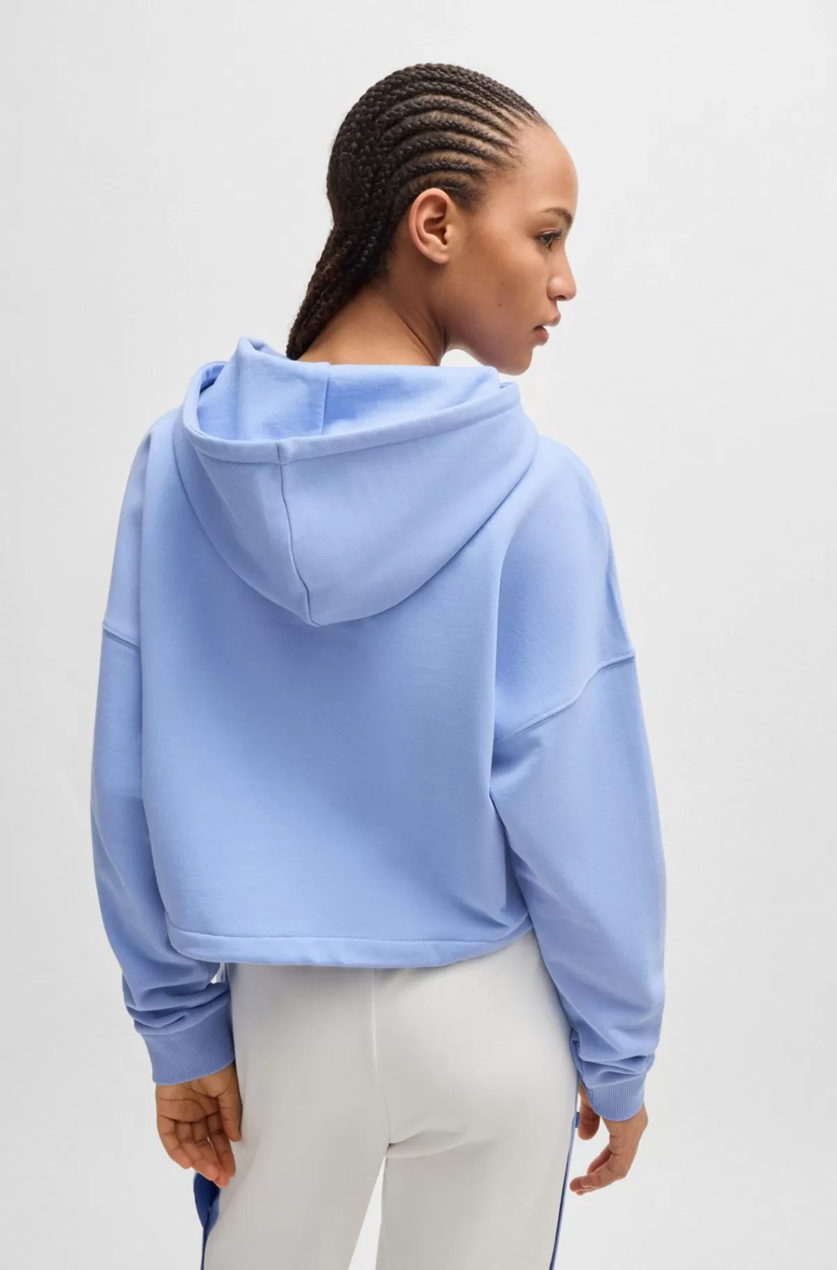 HUGO BOSS Afkortet Hættetrøje I Bomuldsfrotté Med Happy HUGO Logobadge Lyseblå Cheap