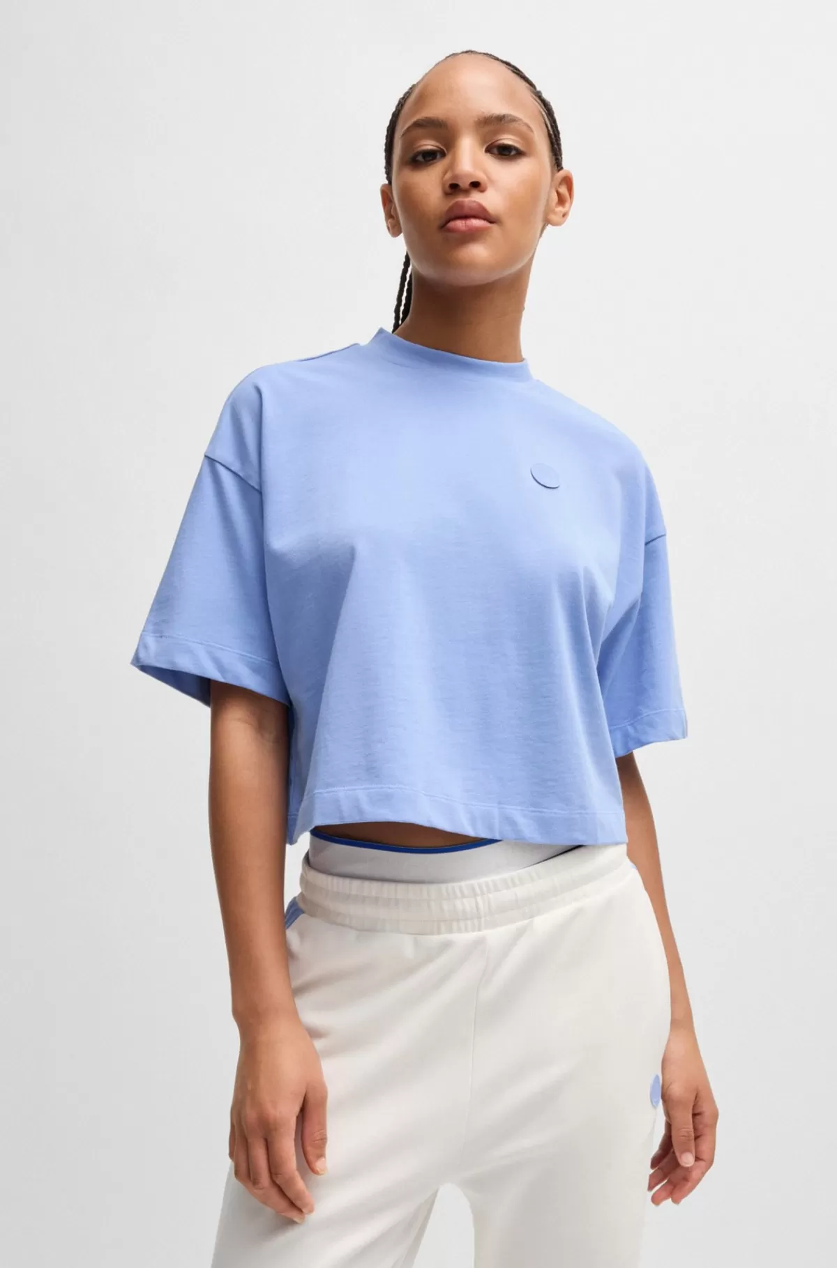 HUGO BOSS Afkortet T-shirt I Bomuldsjersey Med Logobadge Lyseblå New