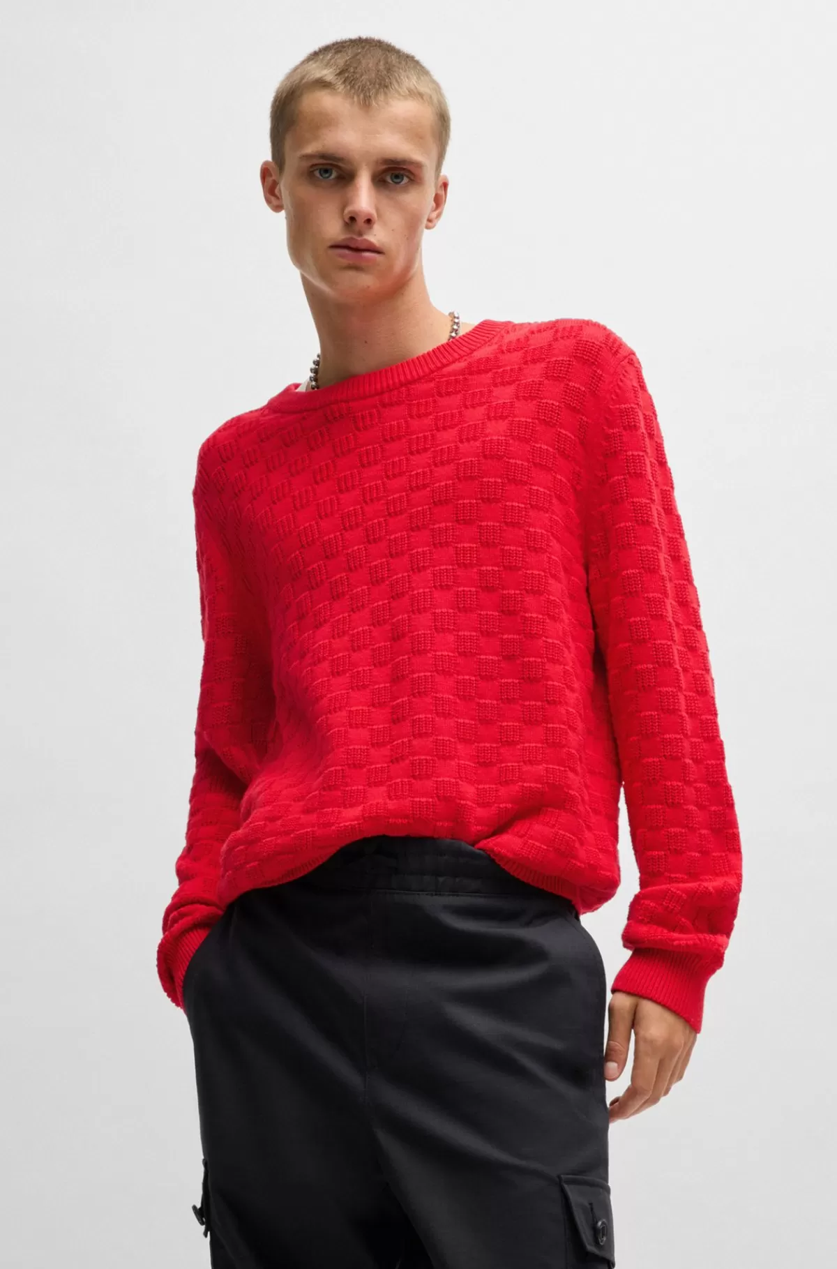 HUGO BOSS Afslappet Bomuldssweater Med Jacquardmønster Rød Online