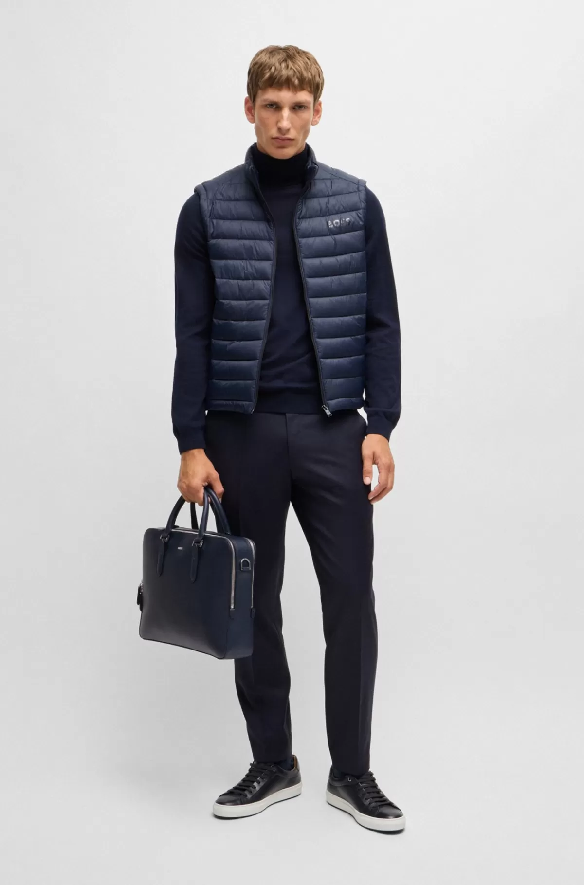 HUGO BOSS Attachetaske I Struktureret Læder Med Logobogstaver Mørkeblå Discount