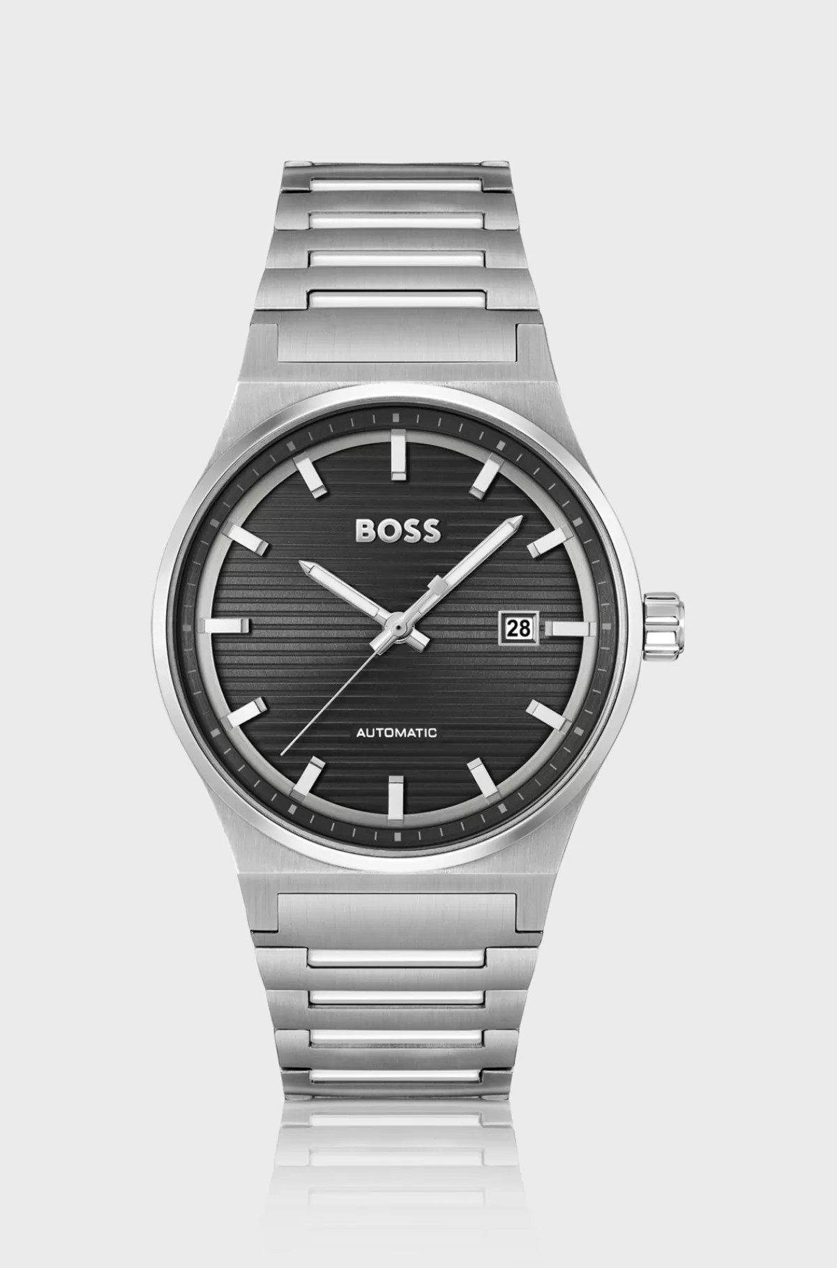 HUGO BOSS Automatisk Ur Med Leddelt Rem Med Rilletekstureret Urskive Sølv Clearance