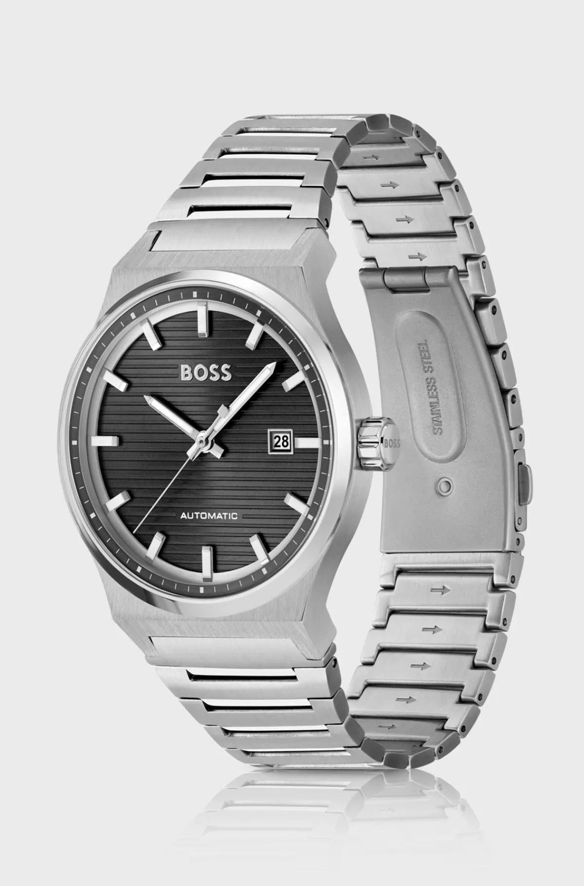 HUGO BOSS Automatisk Ur Med Leddelt Rem Med Rilletekstureret Urskive Sølv Clearance