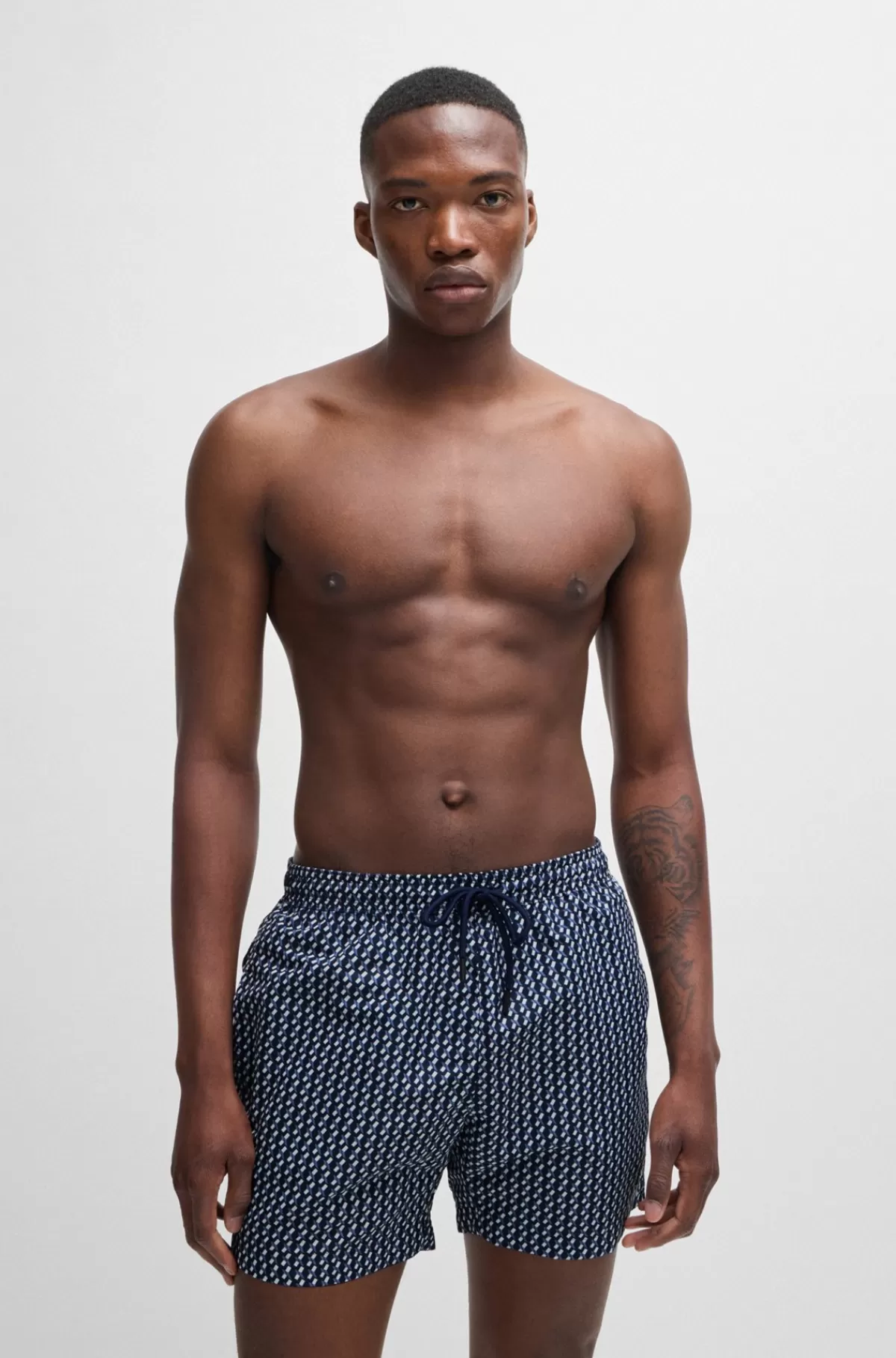 HUGO BOSS Badeshorts Med Logomærkat Og Sæsonbestemt Print Mørkeblå Store