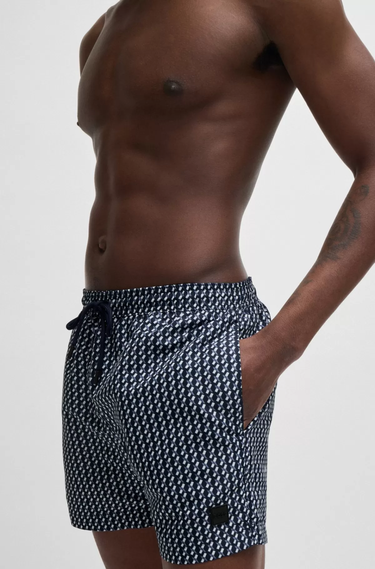 HUGO BOSS Badeshorts Med Logomærkat Og Sæsonbestemt Print Mørkeblå Store