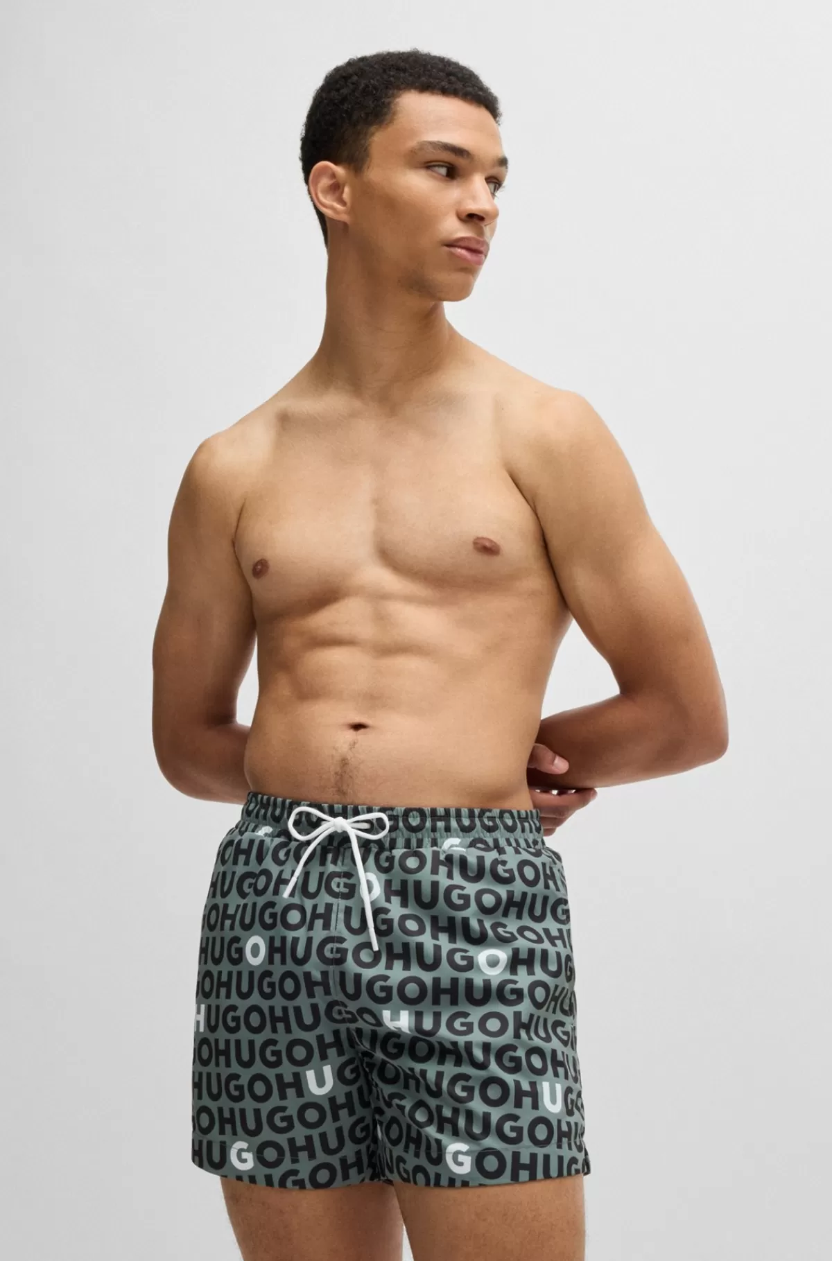 HUGO BOSS Badeshorts Med Logoprint Og Løbesnor Grøn Cheap