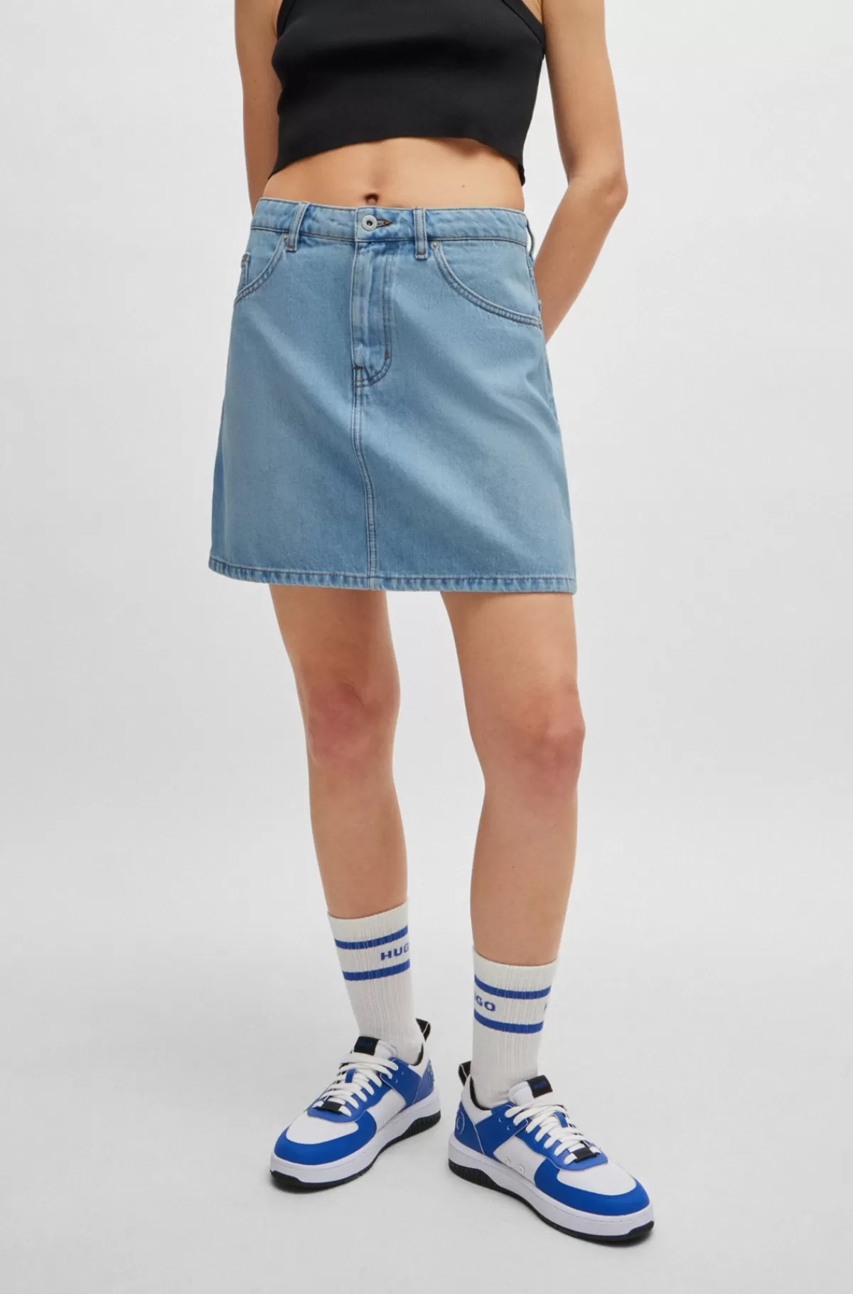 HUGO BOSS Blå Mininederdel I Denim Uden Stræk Med Hammerstrop Lyseblå Cheap