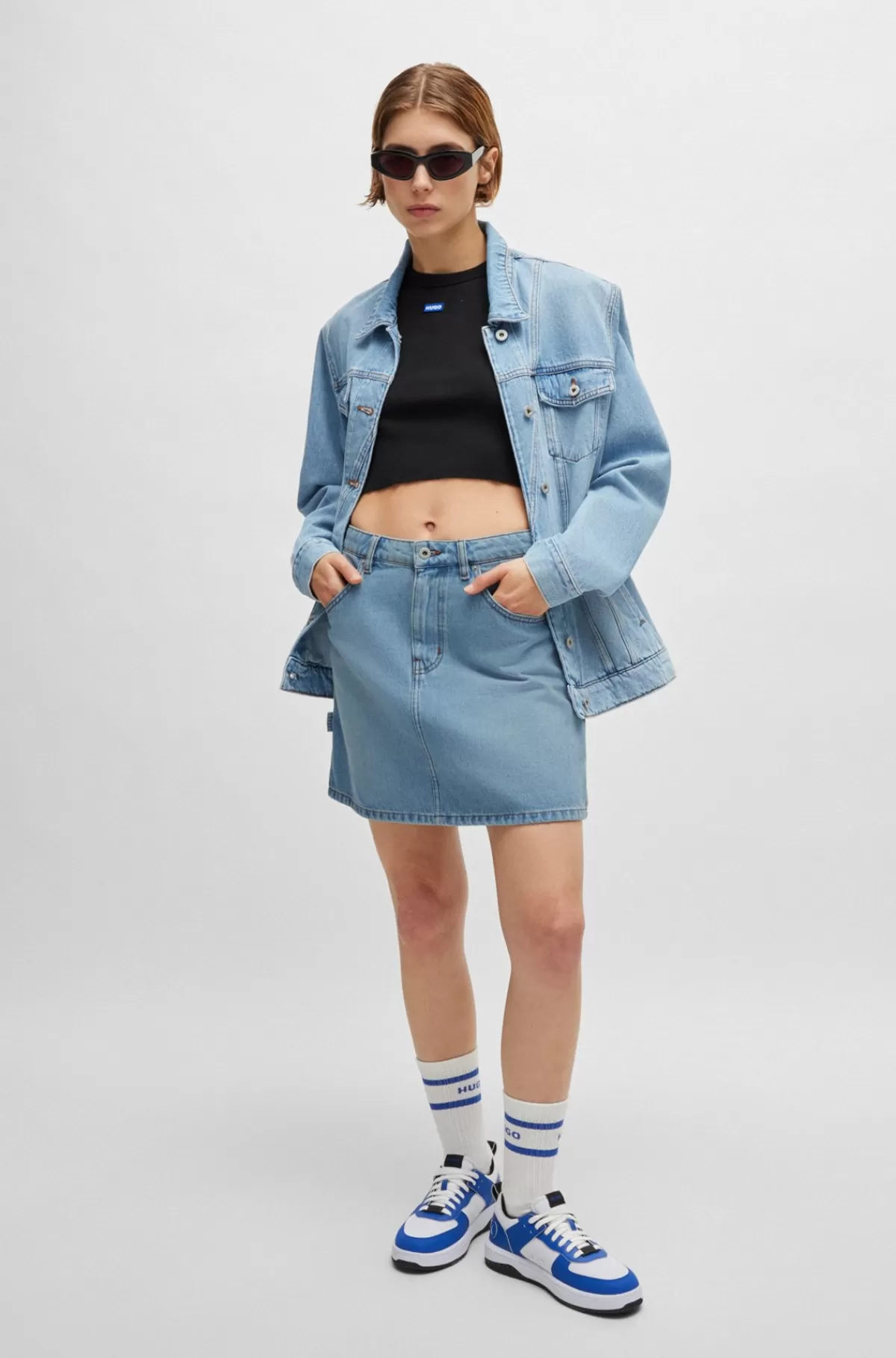 HUGO BOSS Blå Mininederdel I Denim Uden Stræk Med Hammerstrop Lyseblå Cheap