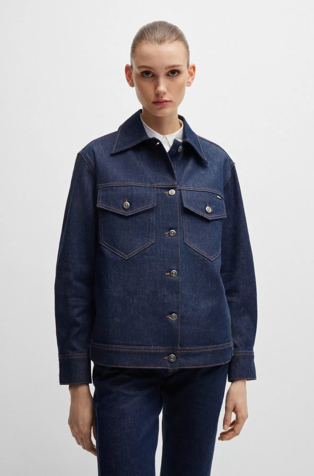 HUGO BOSS Blå Truckerjakke I Denim Med Behageligt Stræk Mørkeblå Hot