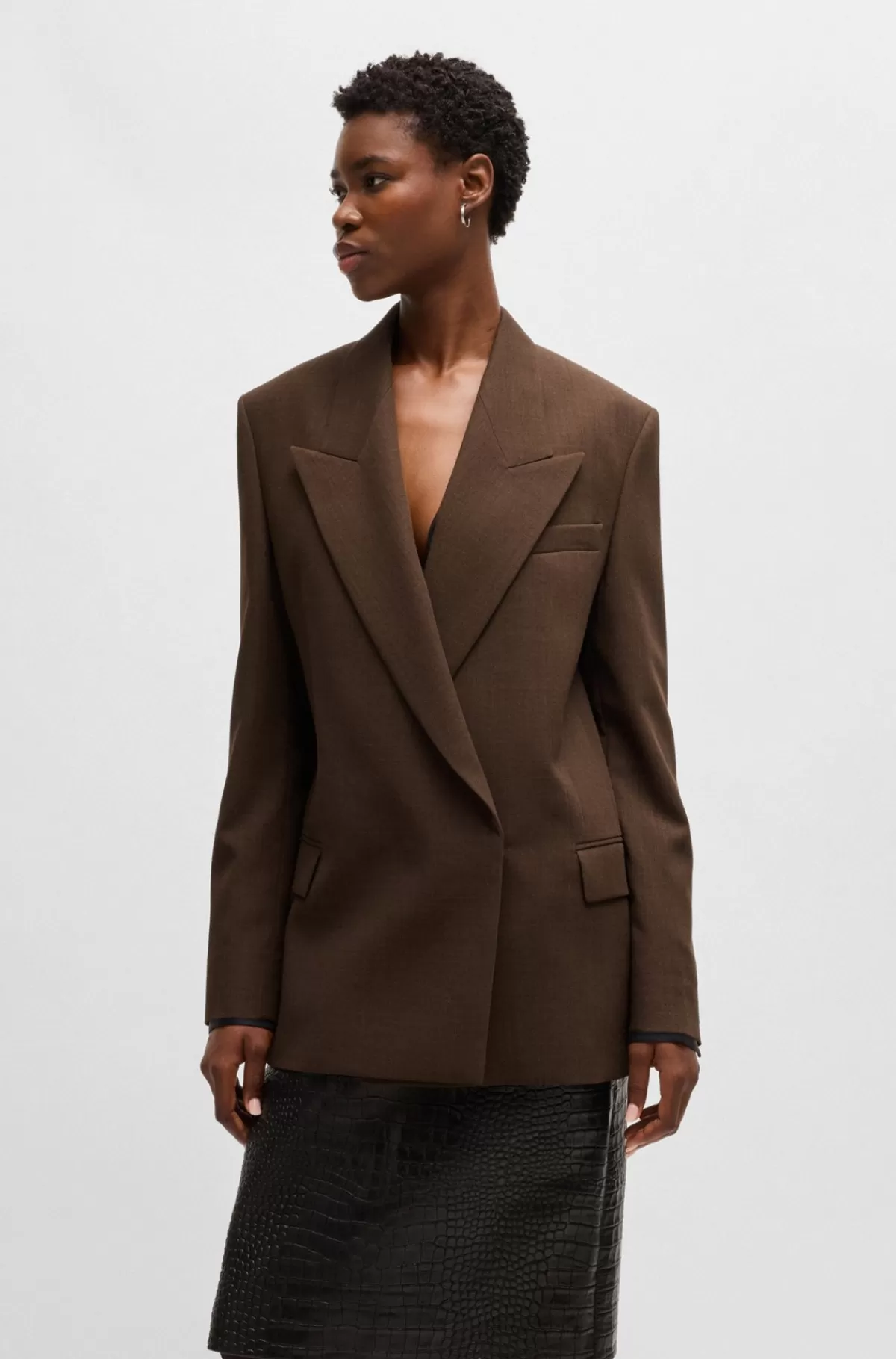 HUGO BOSS Blazer Med Lynlås I Ryggen I Meleret Ny Uld Brun Fashion