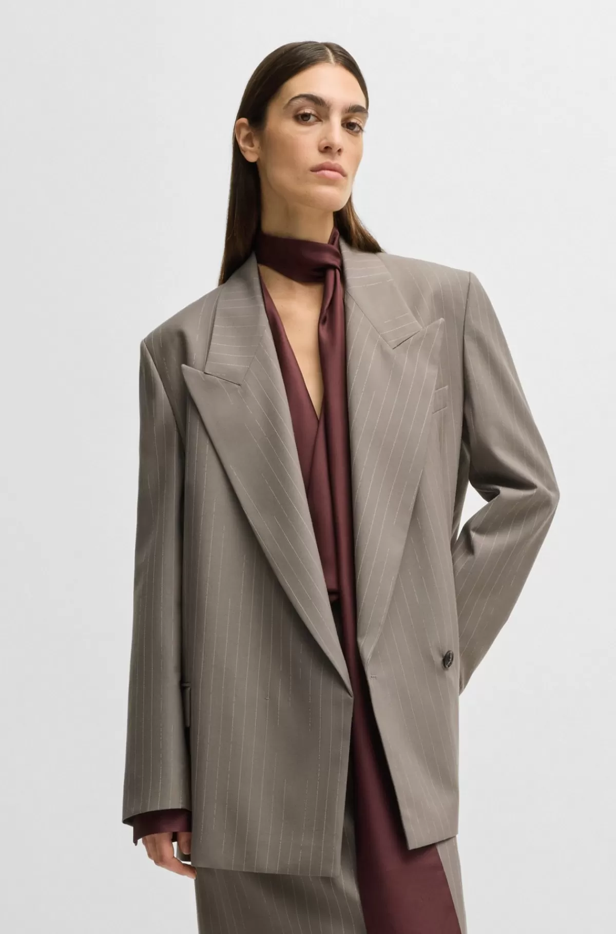HUGO BOSS Blazer Med Lynlås I Ryggen I Nålestribet Ny Uld Lysegrå Best