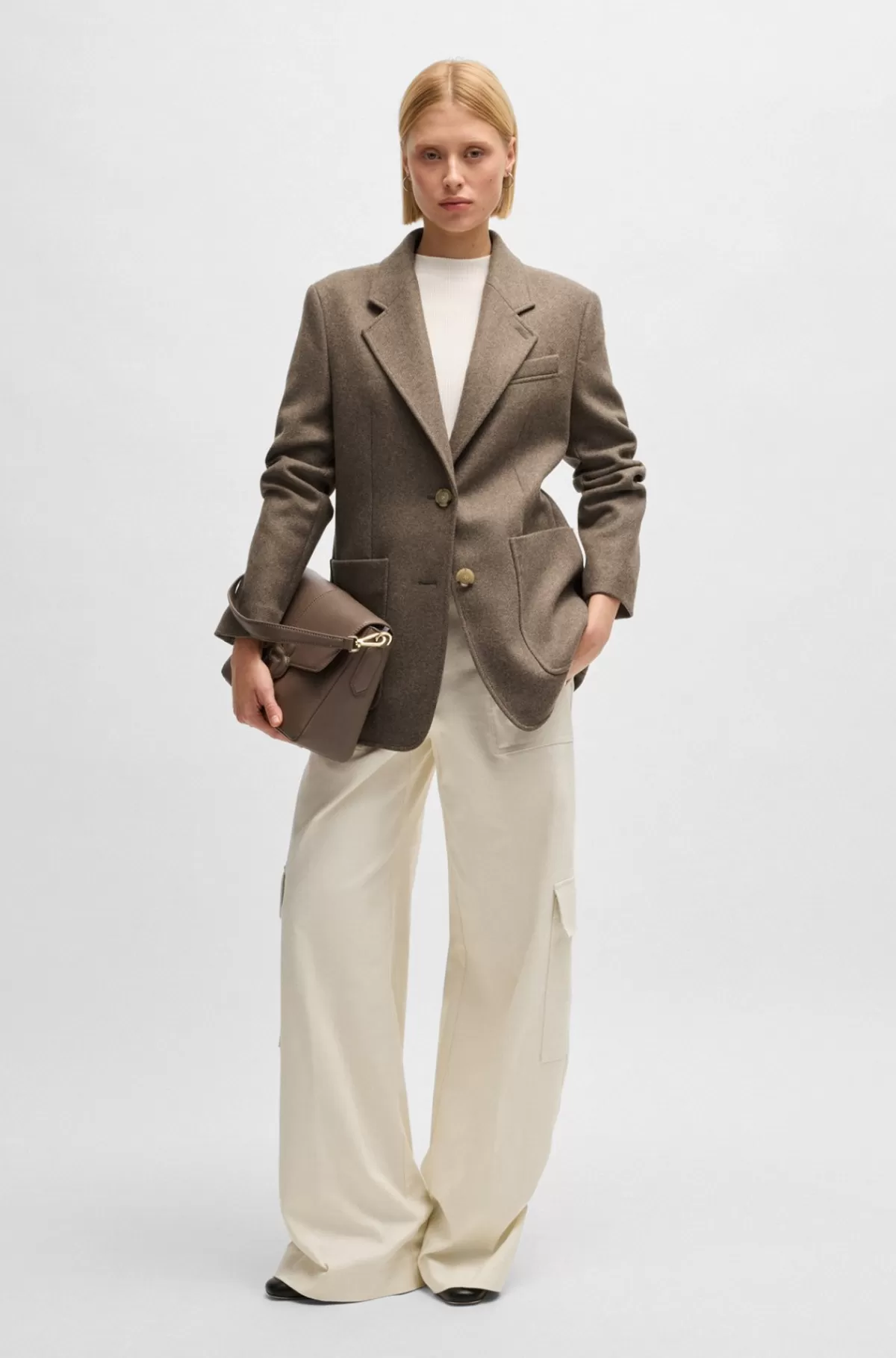 HUGO BOSS Blazer Med Oversize Fit I Meleret Uldblanding Mørkebrun Clearance