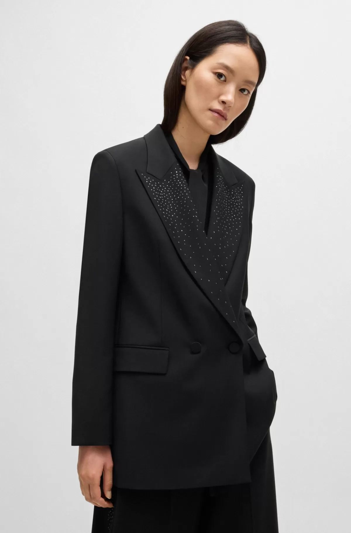 HUGO BOSS Blazer Med Relaxed Fit Og Krystalbesat Revers Sort Cheap