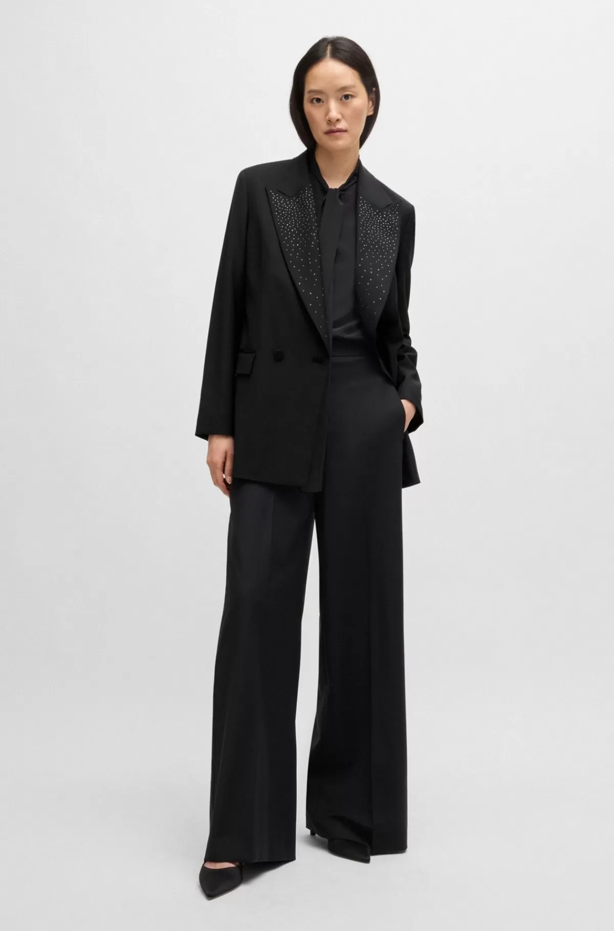HUGO BOSS Blazer Med Relaxed Fit Og Krystalbesat Revers Sort Cheap