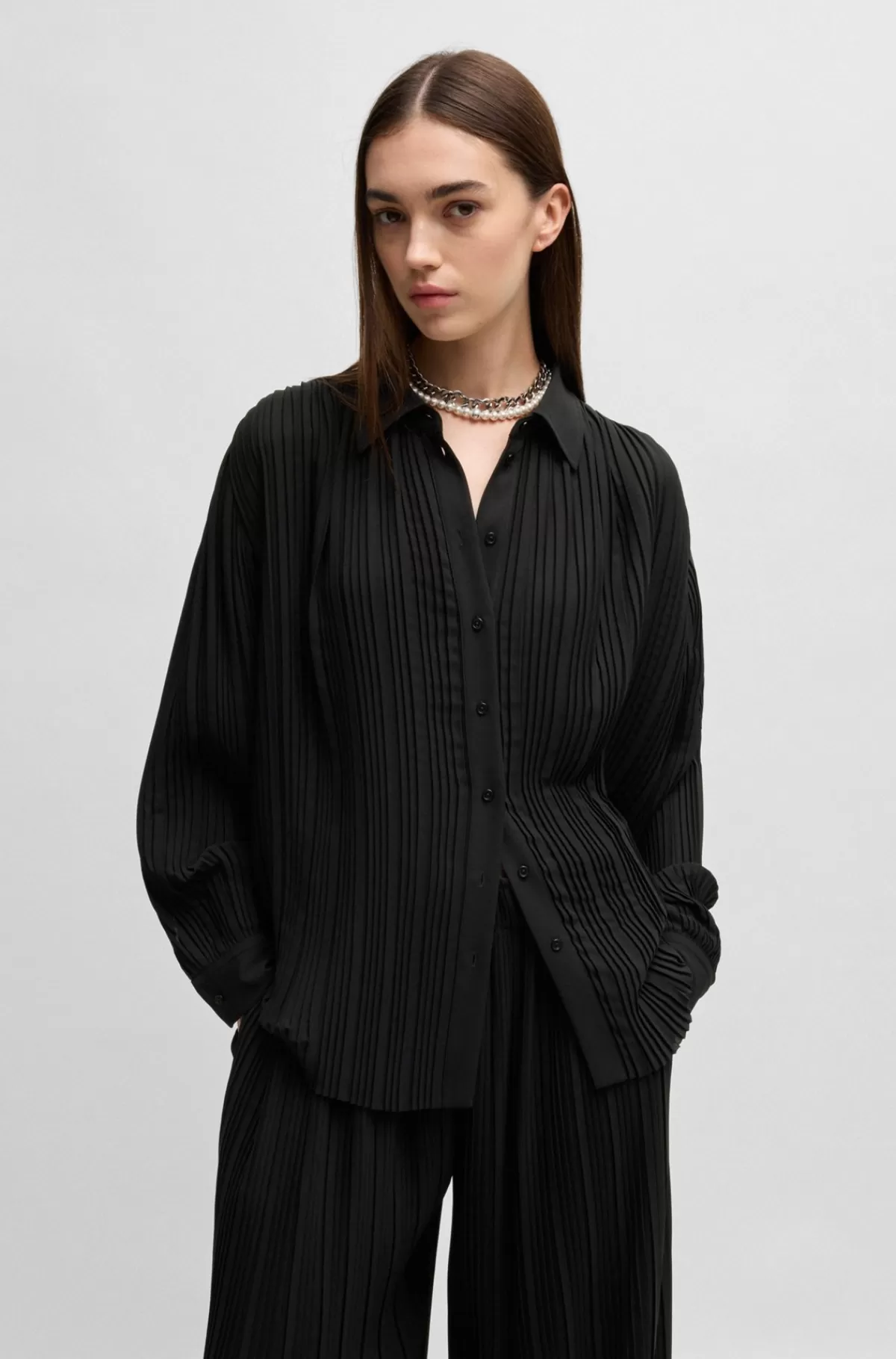 HUGO BOSS Bluse Med Regular Fit I Plissécrepe Sort New