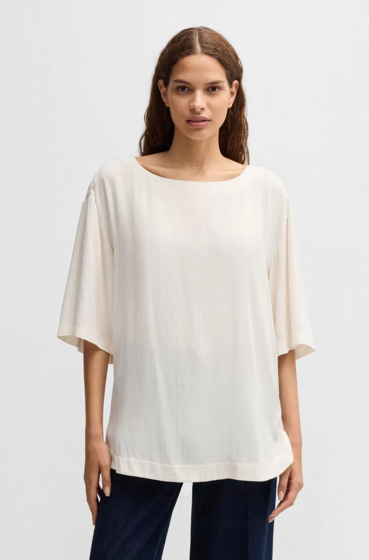 HUGO BOSS Bluse Med Relaxed Fit Og Kontraststing Naturlig Clearance