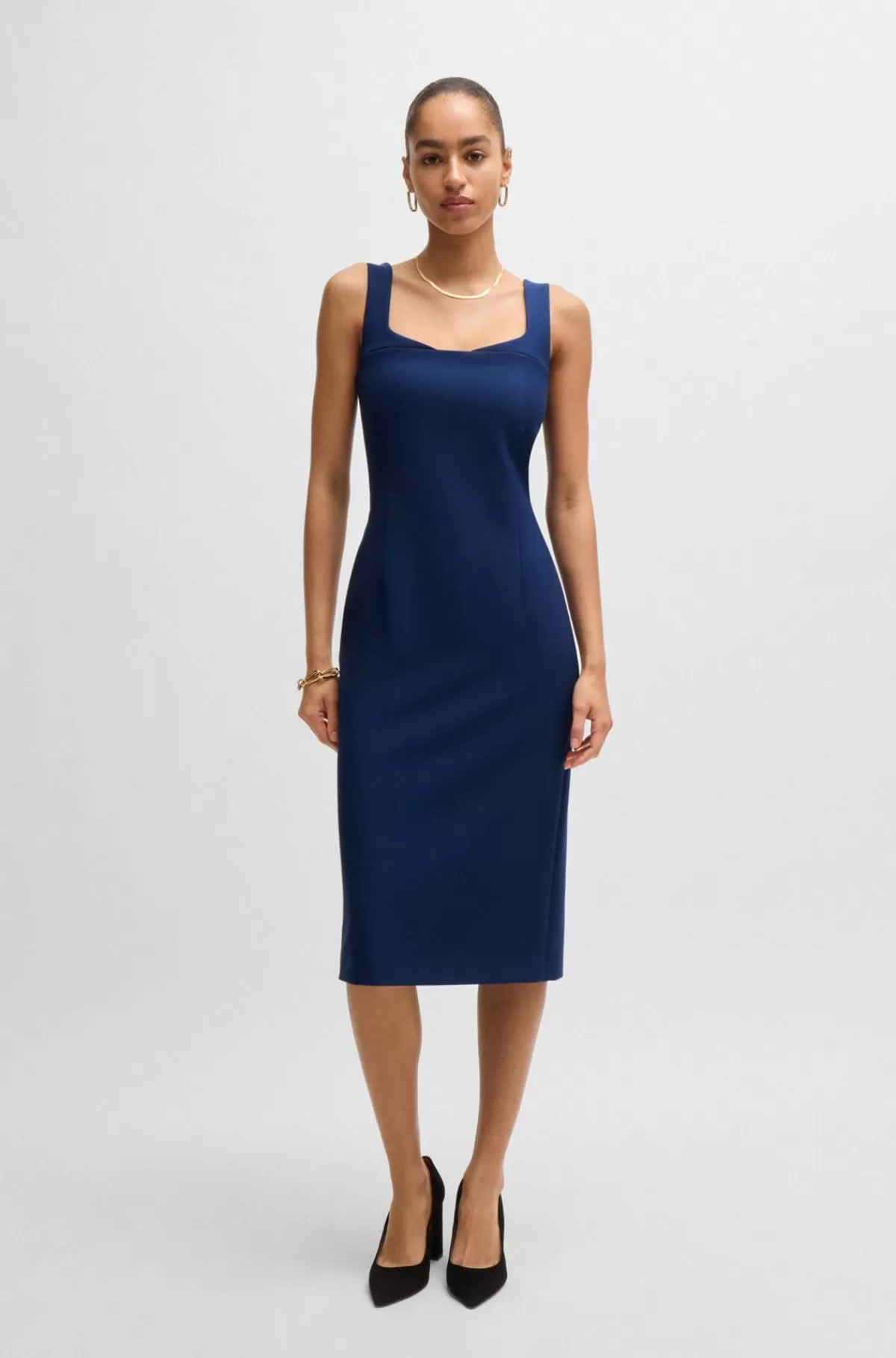 HUGO BOSS Bodycon-midikjole I Stof Med Stræk Blå Clearance