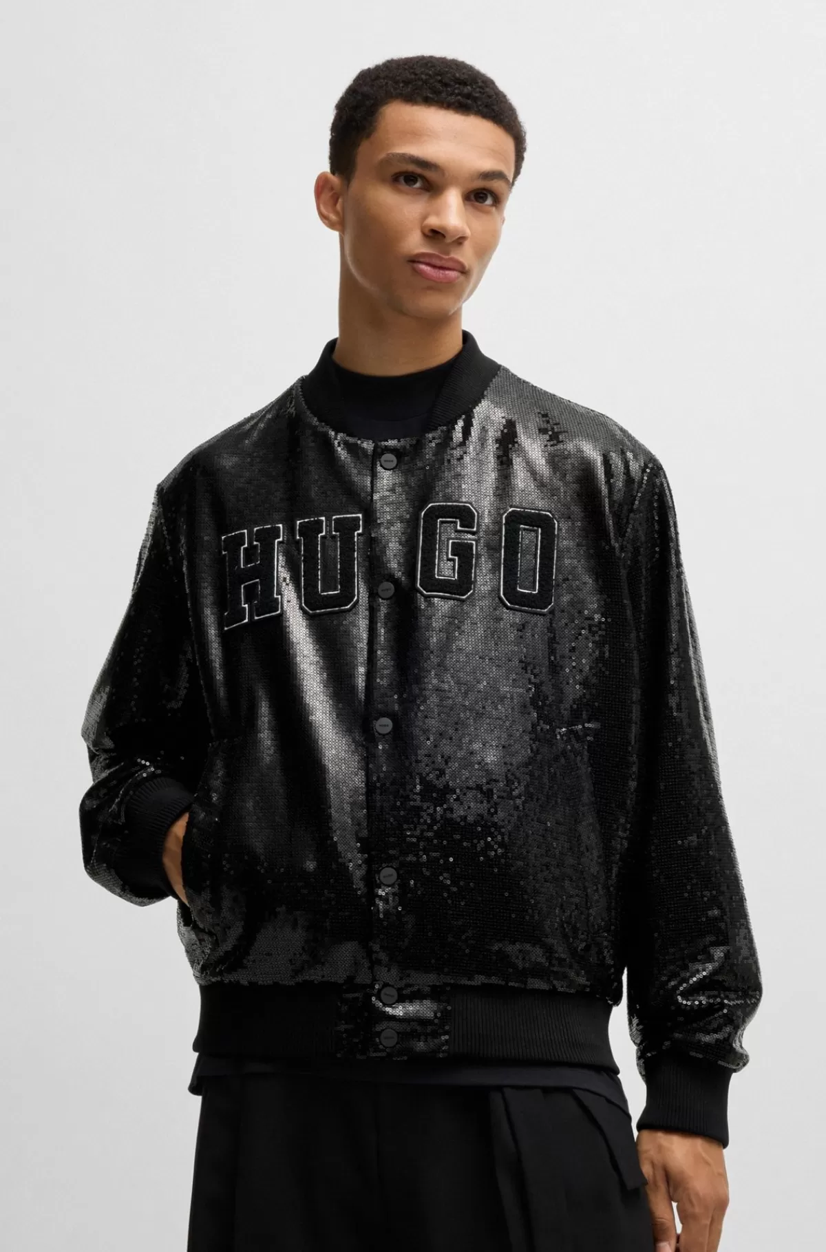 HUGO BOSS Bomberjakke Med Logo Og Pailletdetaljer Sort Discount