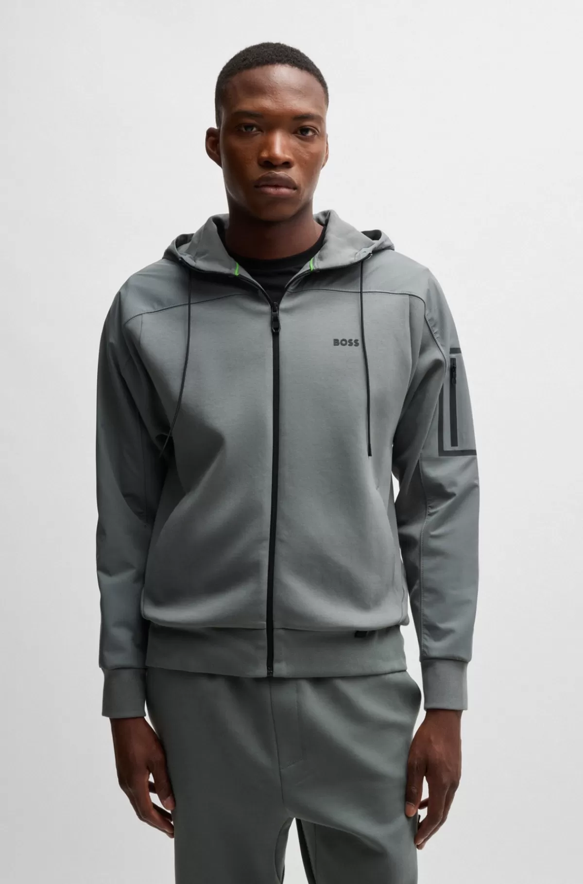 HUGO BOSS Bomuldsblandet Hættetrøje Med Lynlås Og Dekorativt, Reflekterende Logo Grå Best