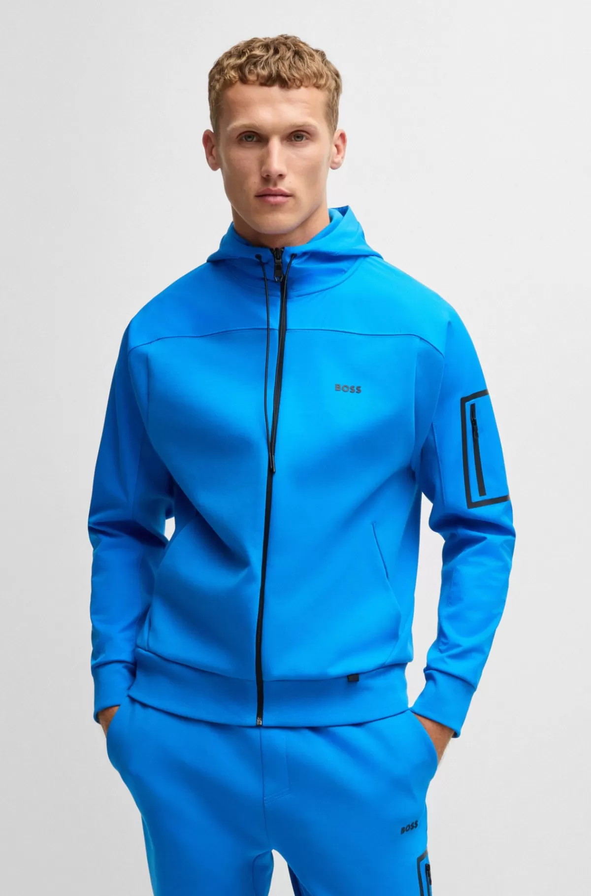 HUGO BOSS Bomuldsblandet Hættetrøje Med Lynlås Og Dekorativt, Reflekterende Logo Blå Discount