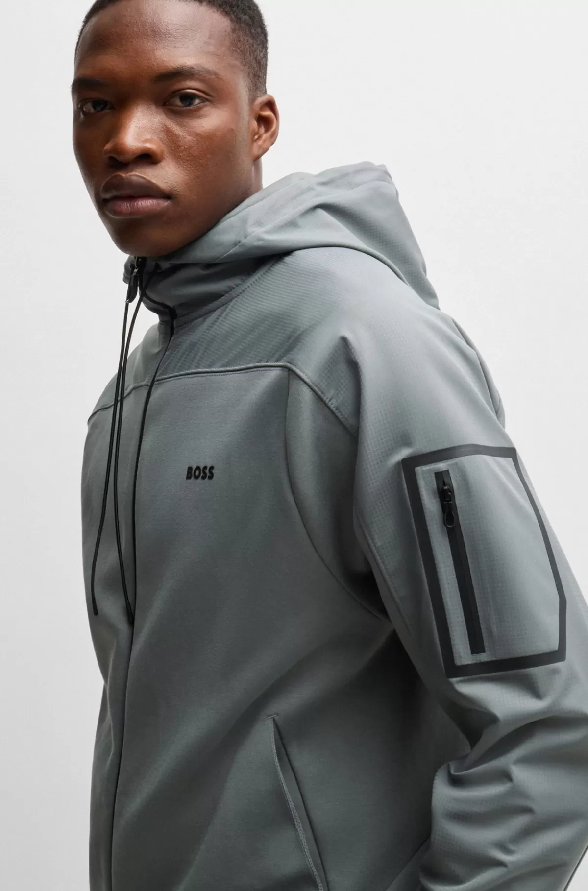 HUGO BOSS Bomuldsblandet Hættetrøje Med Lynlås Og Dekorativt, Reflekterende Logo Grå Best