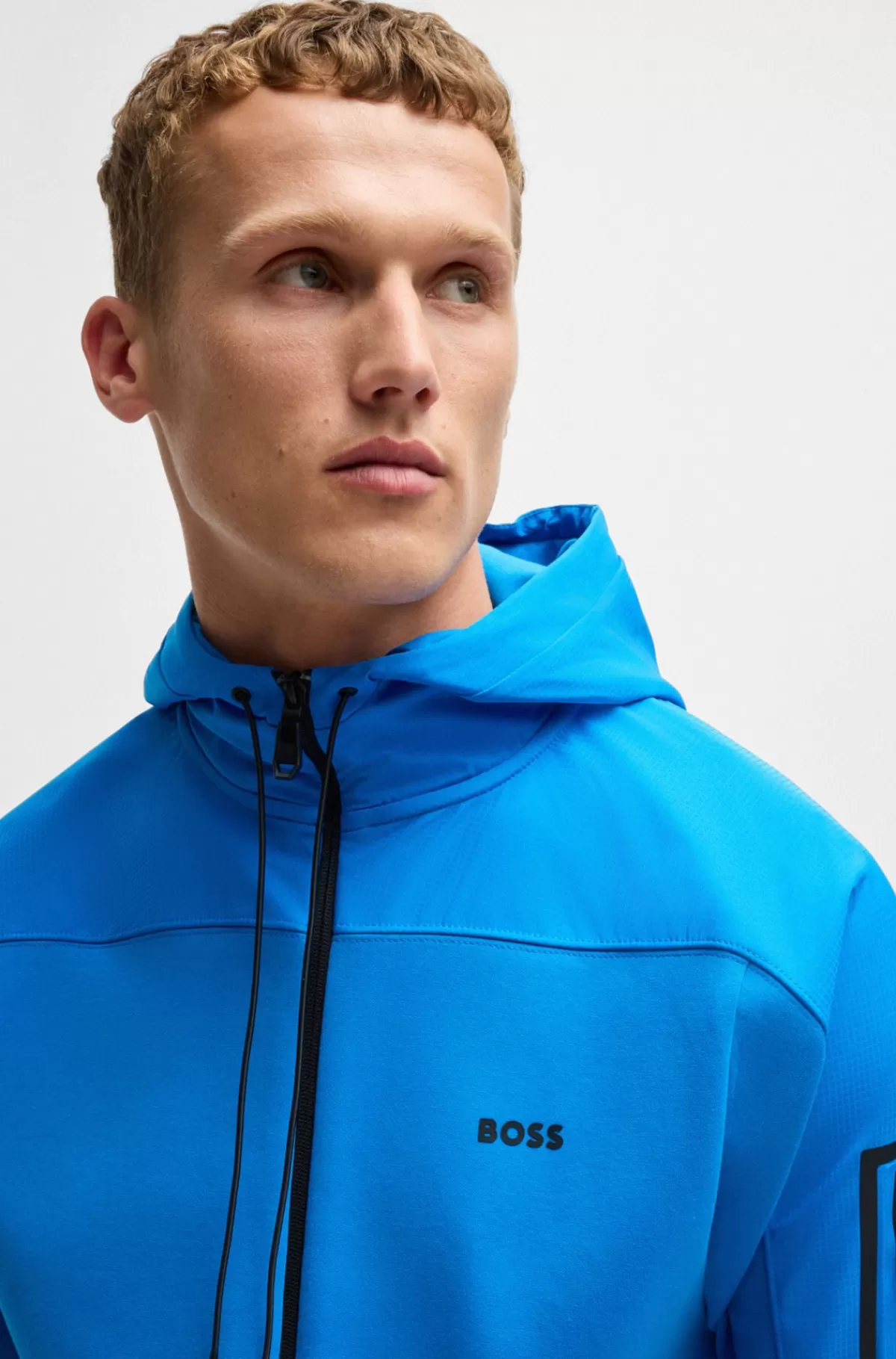 HUGO BOSS Bomuldsblandet Hættetrøje Med Lynlås Og Dekorativt, Reflekterende Logo Blå Discount