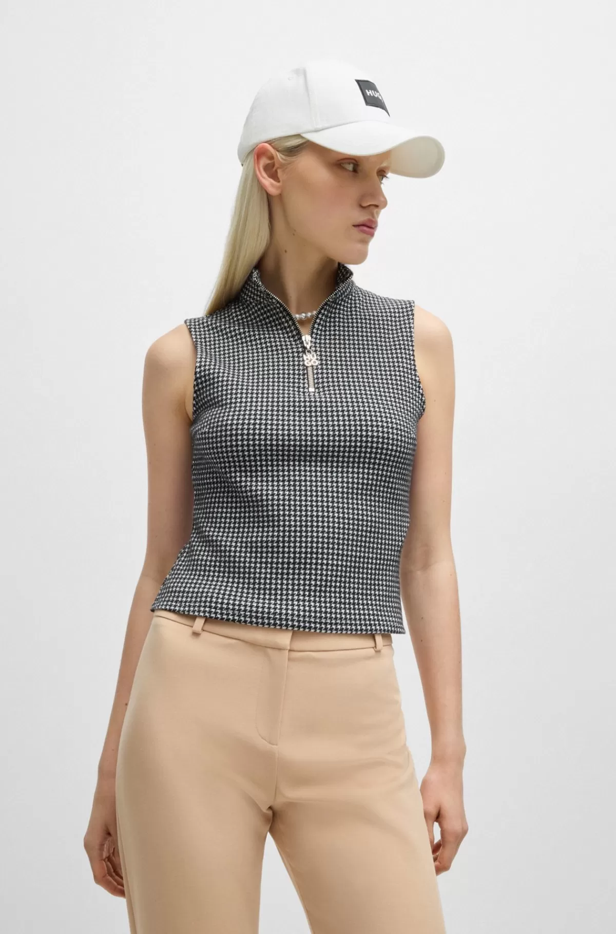 HUGO BOSS Bomuldsblandet Top I Jacquard Med Hanefjedmønster Og Lynlås Hvid/sort Cheap
