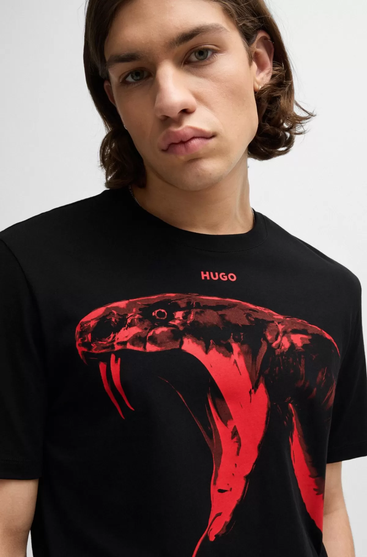 HUGO BOSS Bomuldsjersey T-shirt I Almindelig Pasform Med Dyregrafik Sort New