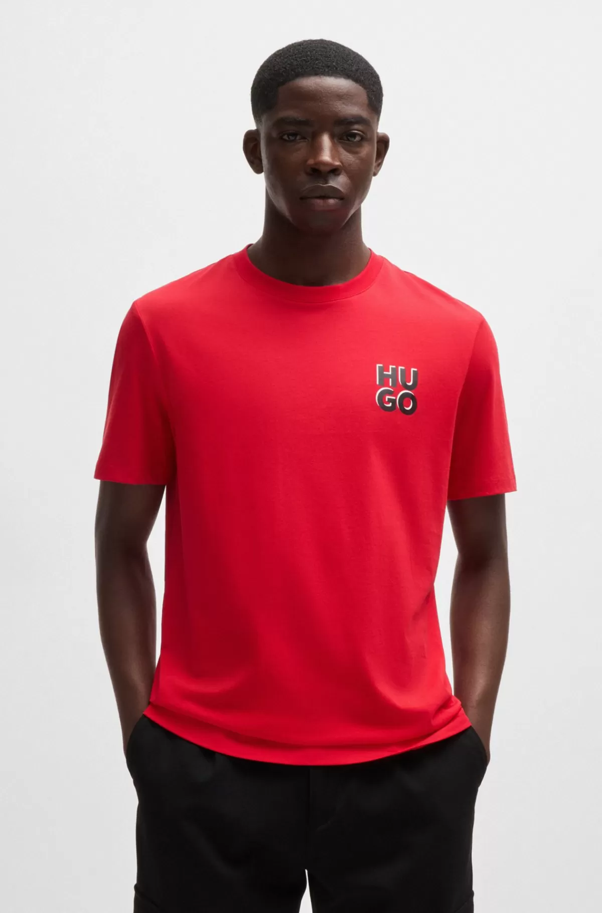 HUGO BOSS Bomuldsjersey-T-shirt Med Stablet Logoprint Rød New