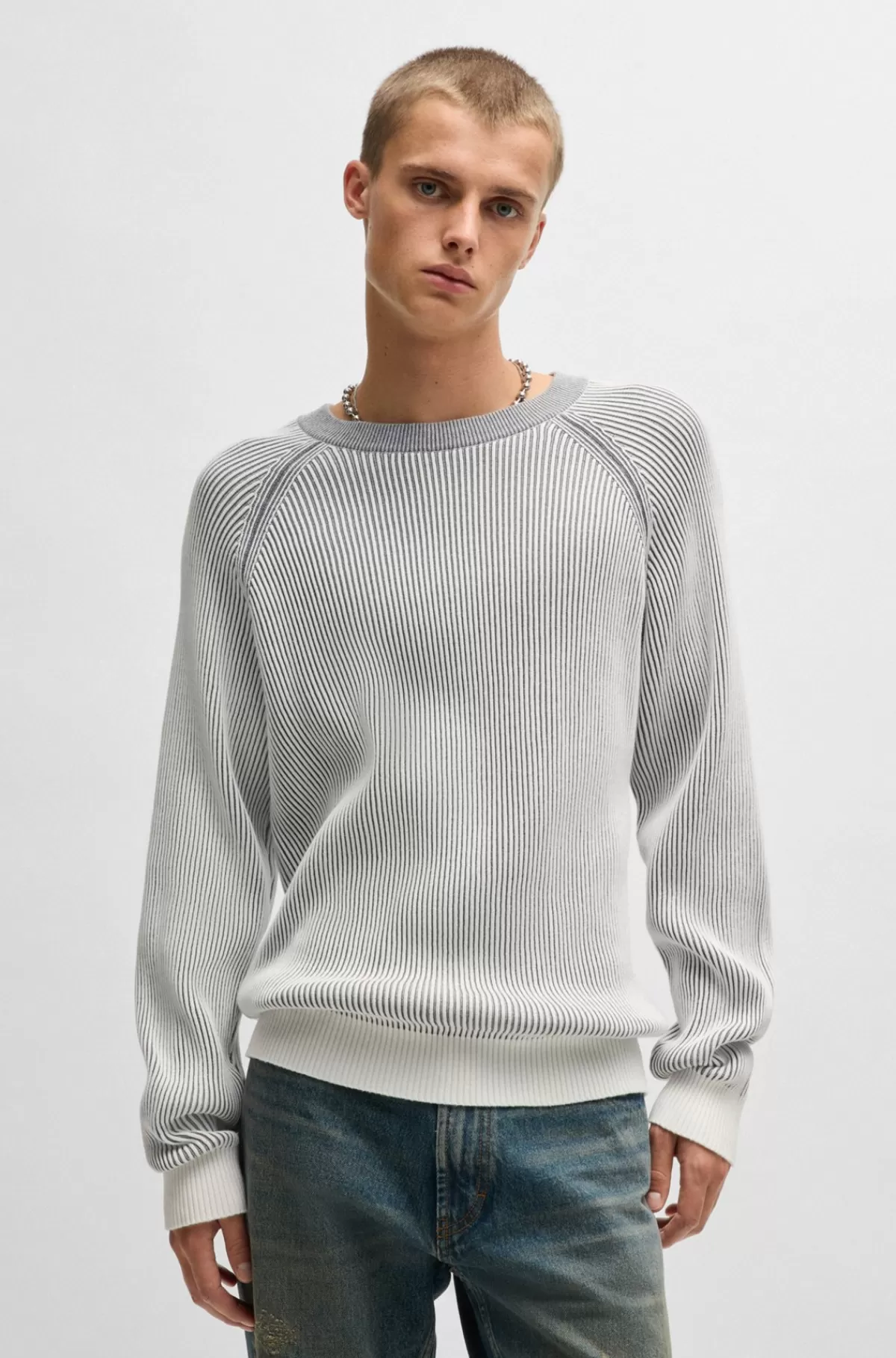 HUGO BOSS Bomuldssweater Med Tofarvet Ribstrik Lysegrå Fashion
