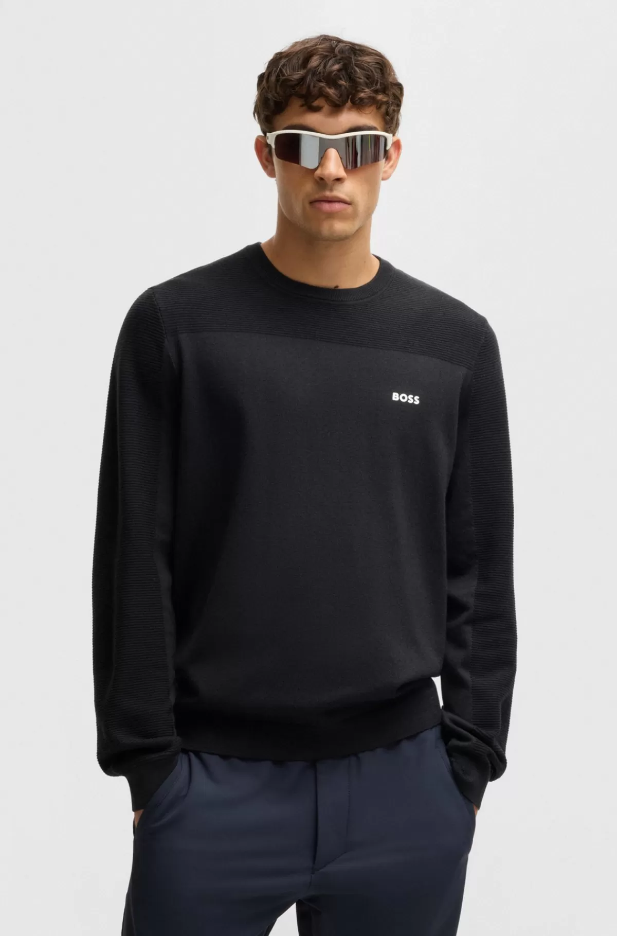 HUGO BOSS Brandet Sweater Med Rund Hals I Dry-flexstof Mørkeblå Best