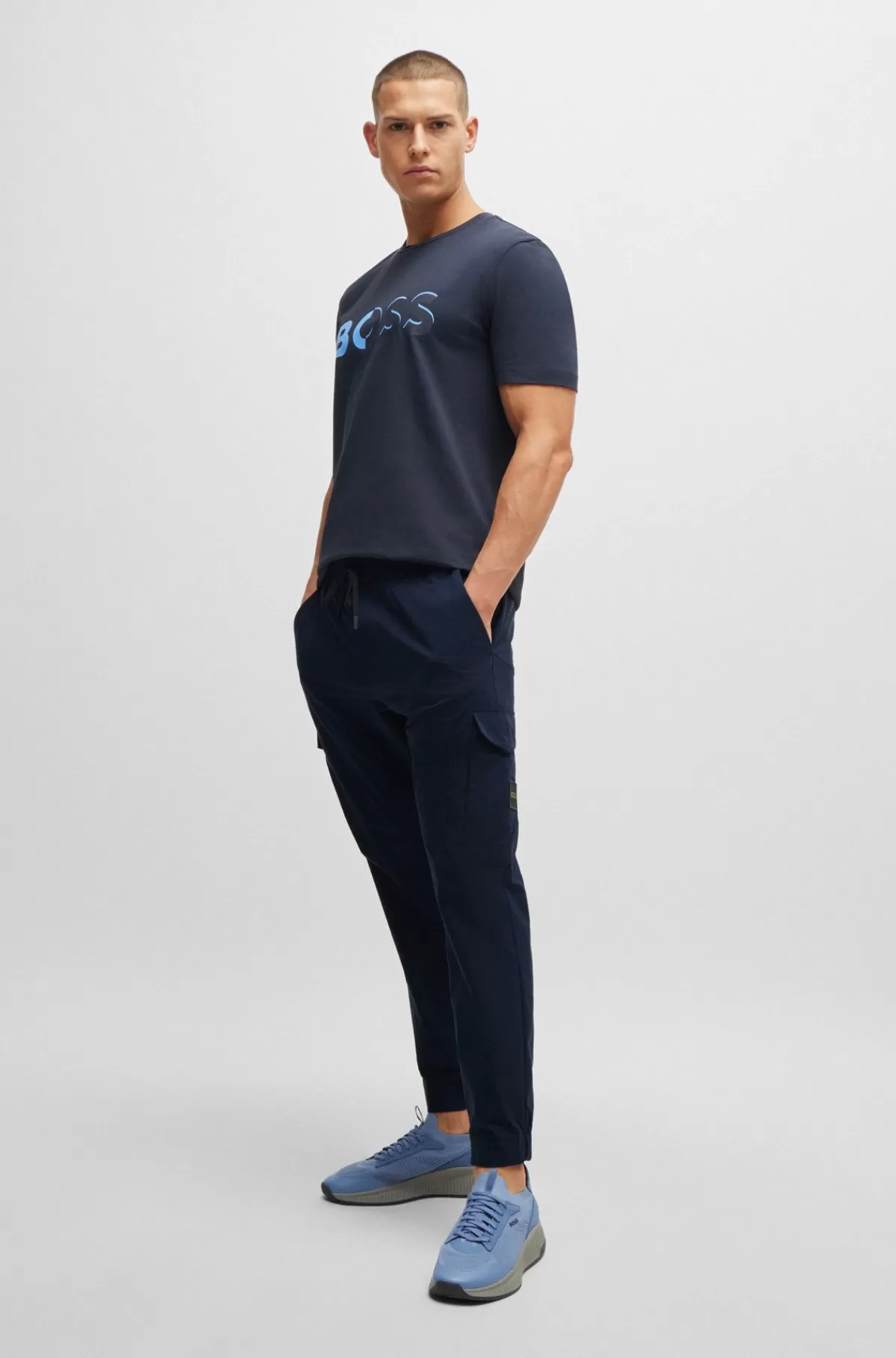 HUGO BOSS Bukser Med Tapered Fit I Strygelet Poplin Med Stræk Mørkeblå Discount