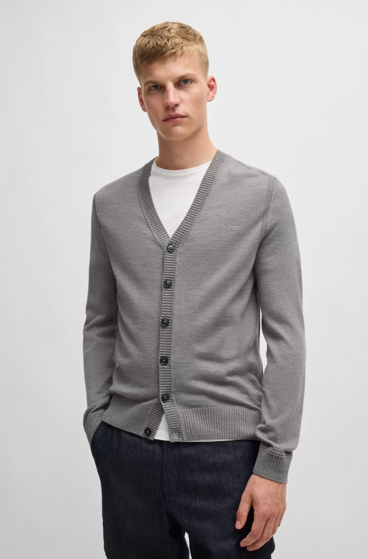 HUGO BOSS Cardigan I Uldblanding Med Regular Fit Og Broderet Logo Lysegrå Fashion