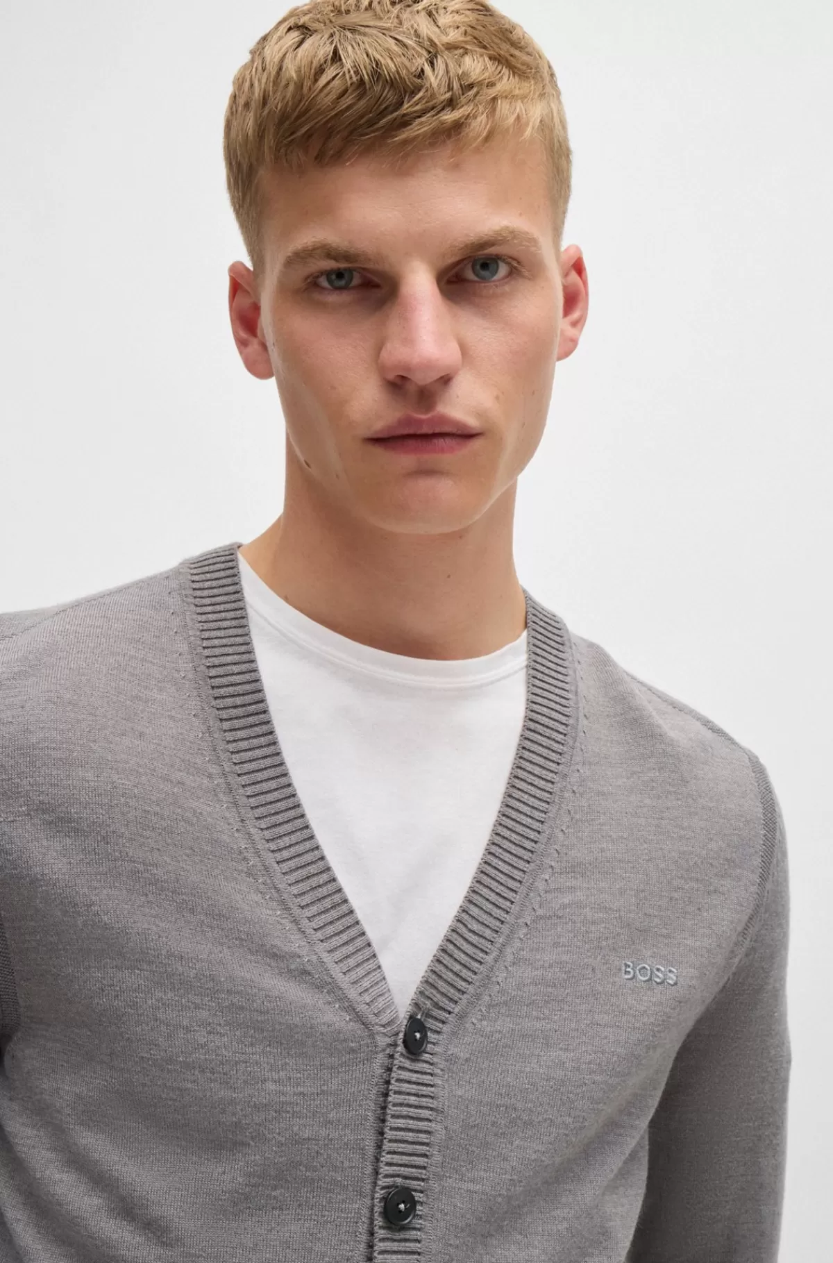 HUGO BOSS Cardigan I Uldblanding Med Regular Fit Og Broderet Logo Lysegrå Fashion