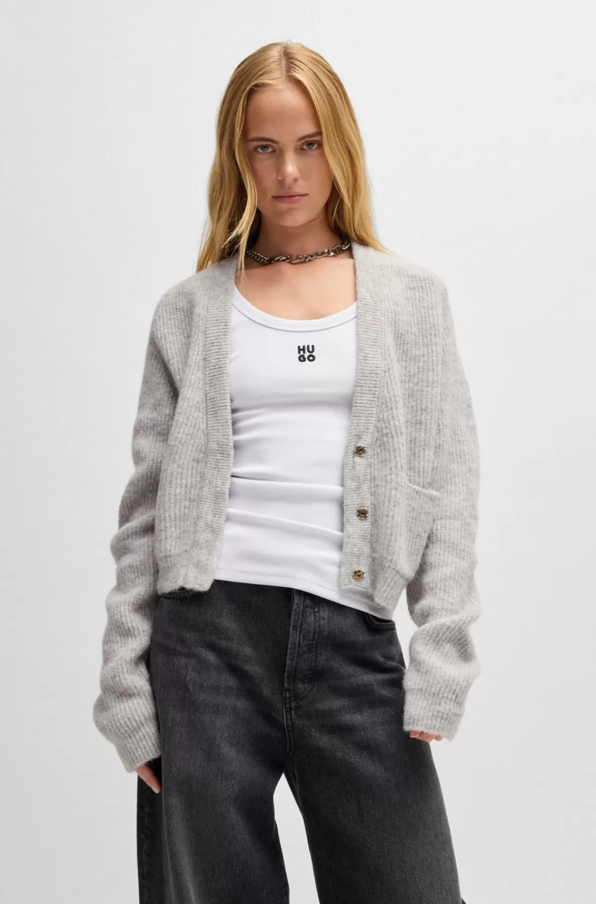 HUGO BOSS Cardigan Med V-hals, Relaxed Fit Og Logo Lysegrå Outlet