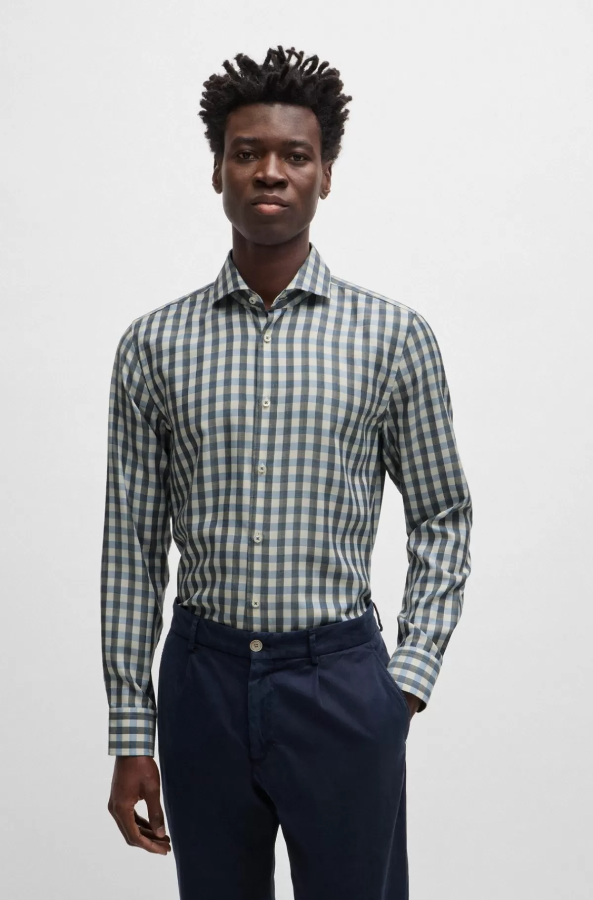 HUGO BOSS Casual Fit Skjorte I Ternet Twill Lyseblå Sale