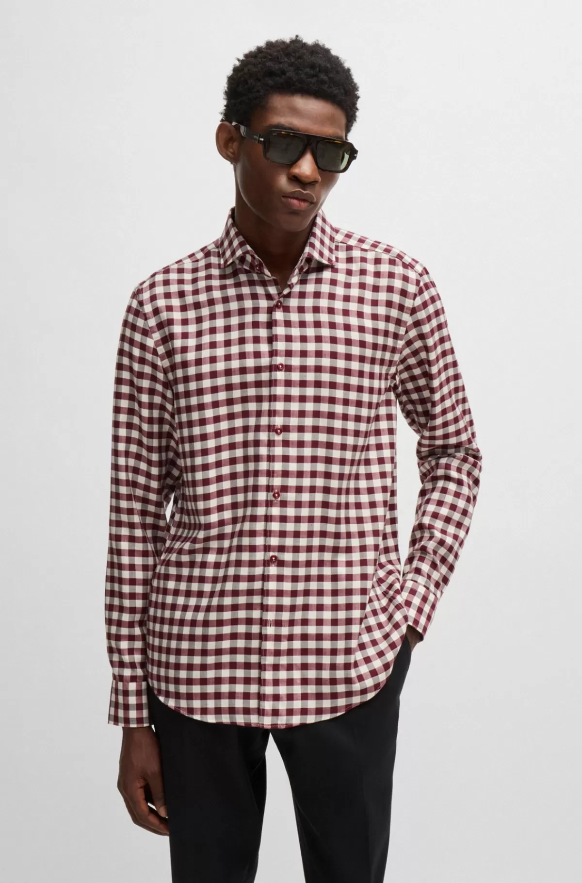 HUGO BOSS Casual Fit Skjorte I Ternet Twill Mørkerød Flash Sale