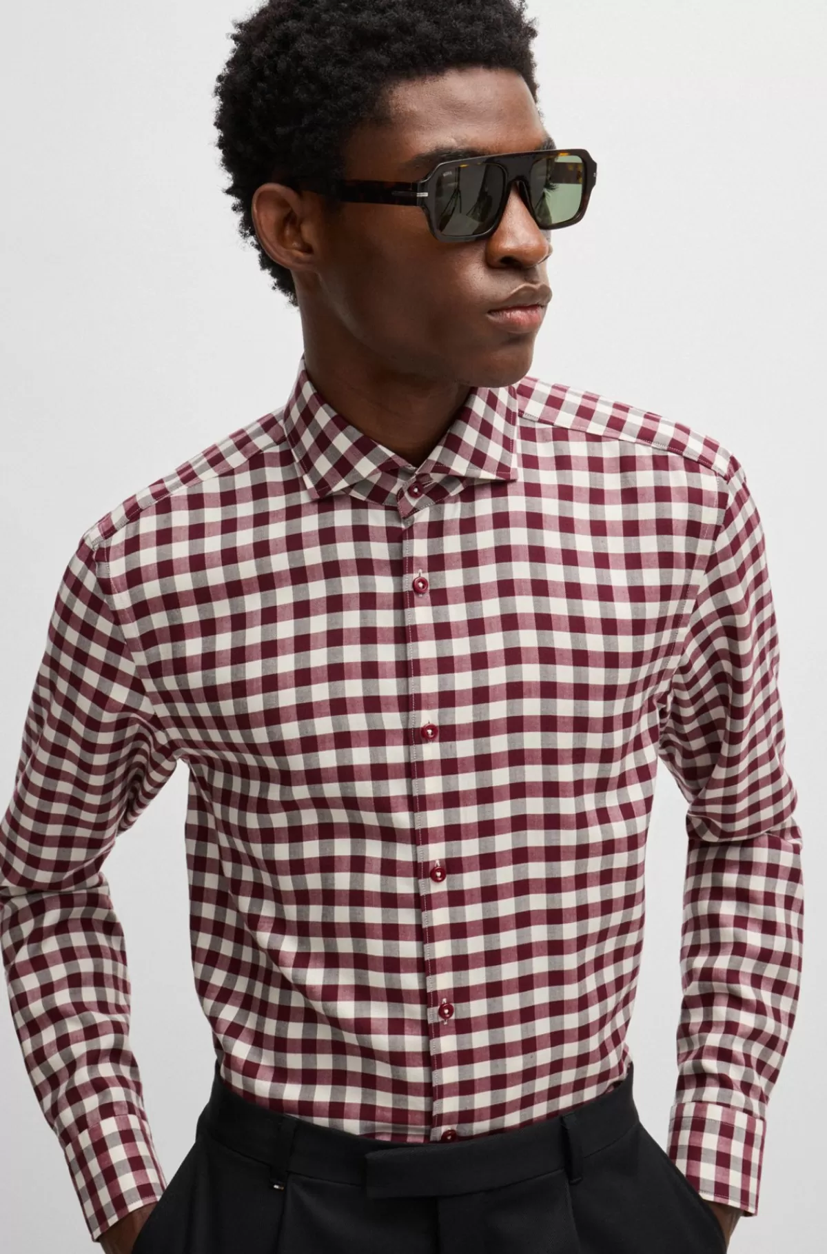 HUGO BOSS Casual Fit Skjorte I Ternet Twill Mørkerød Flash Sale