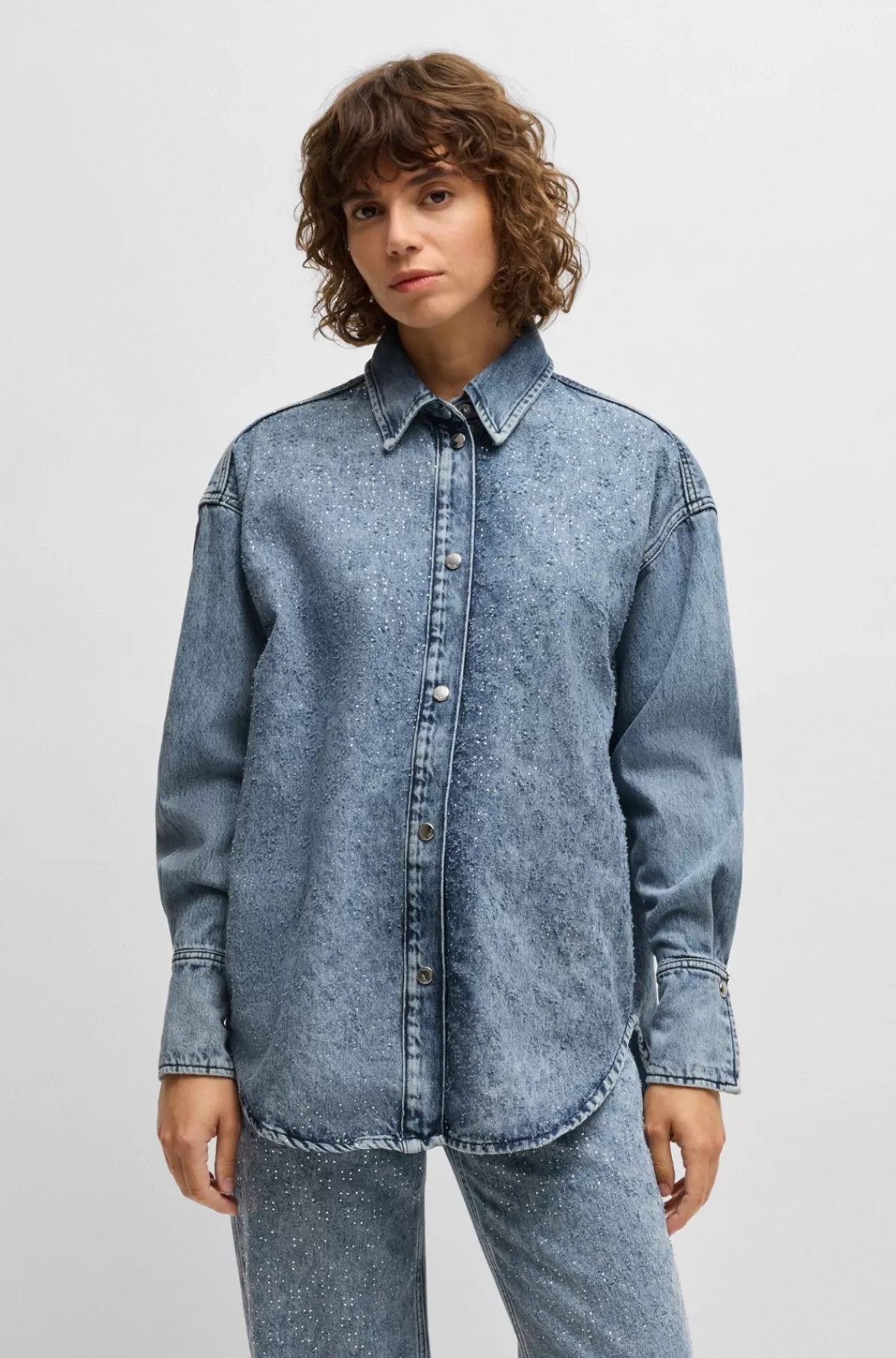 HUGO BOSS Denimskjorte Med Krystaludsmykninger Mørkeblå Online