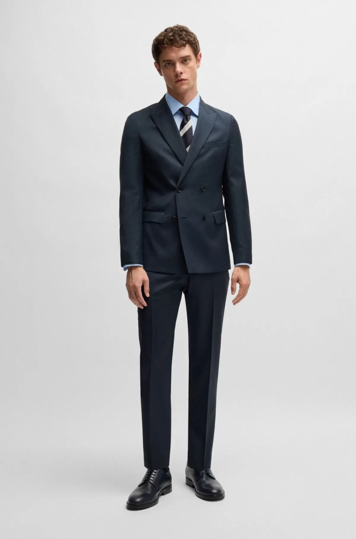 HUGO BOSS Dobbeltradet Jakkesæt Med Slim Fit I Uld Med Mikromønster Mørkeblå Cheap