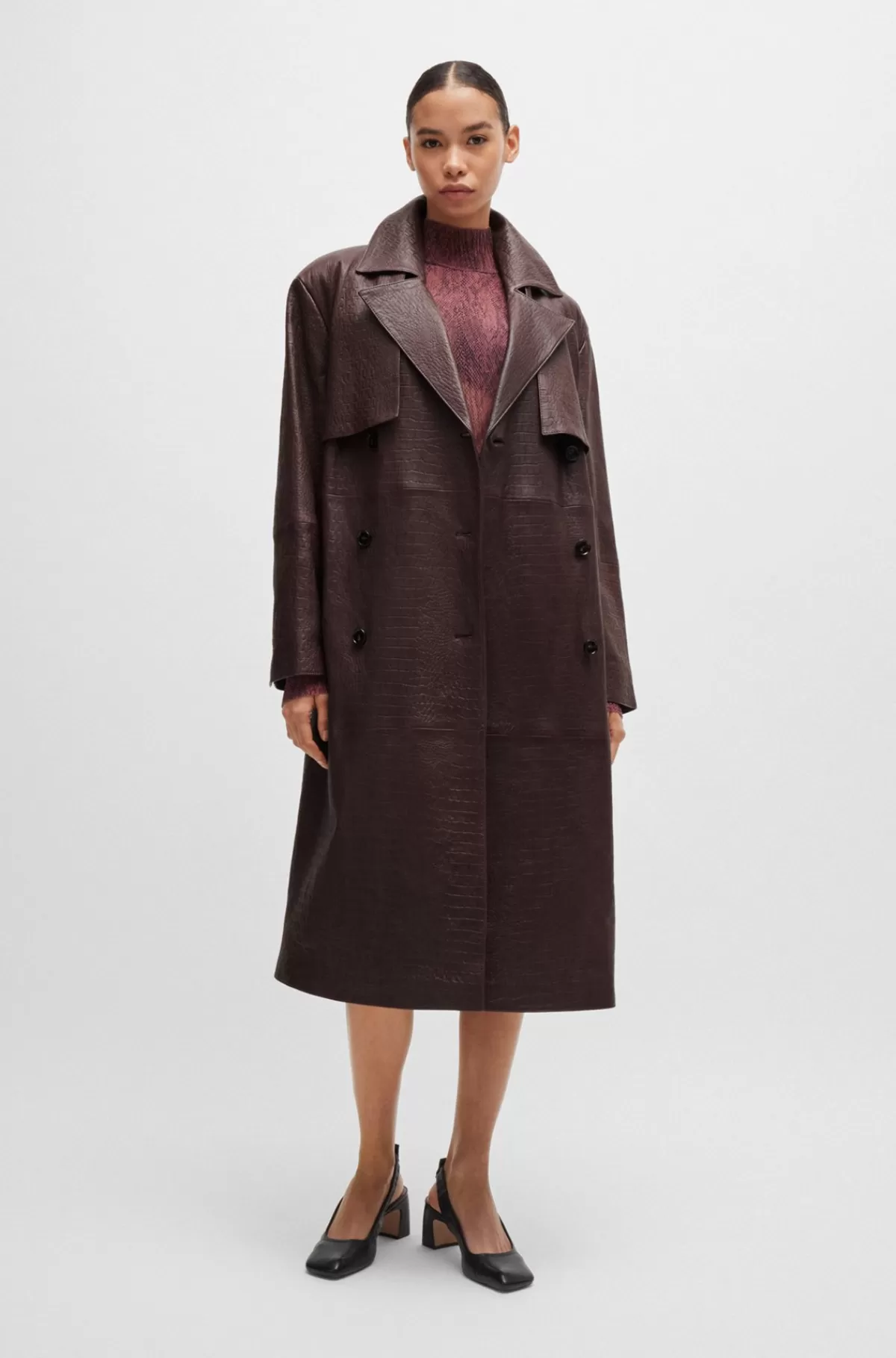 HUGO BOSS Dobbeltradet Trenchcoat I Læder Med Krokodillemønster Mørkerød Cheap