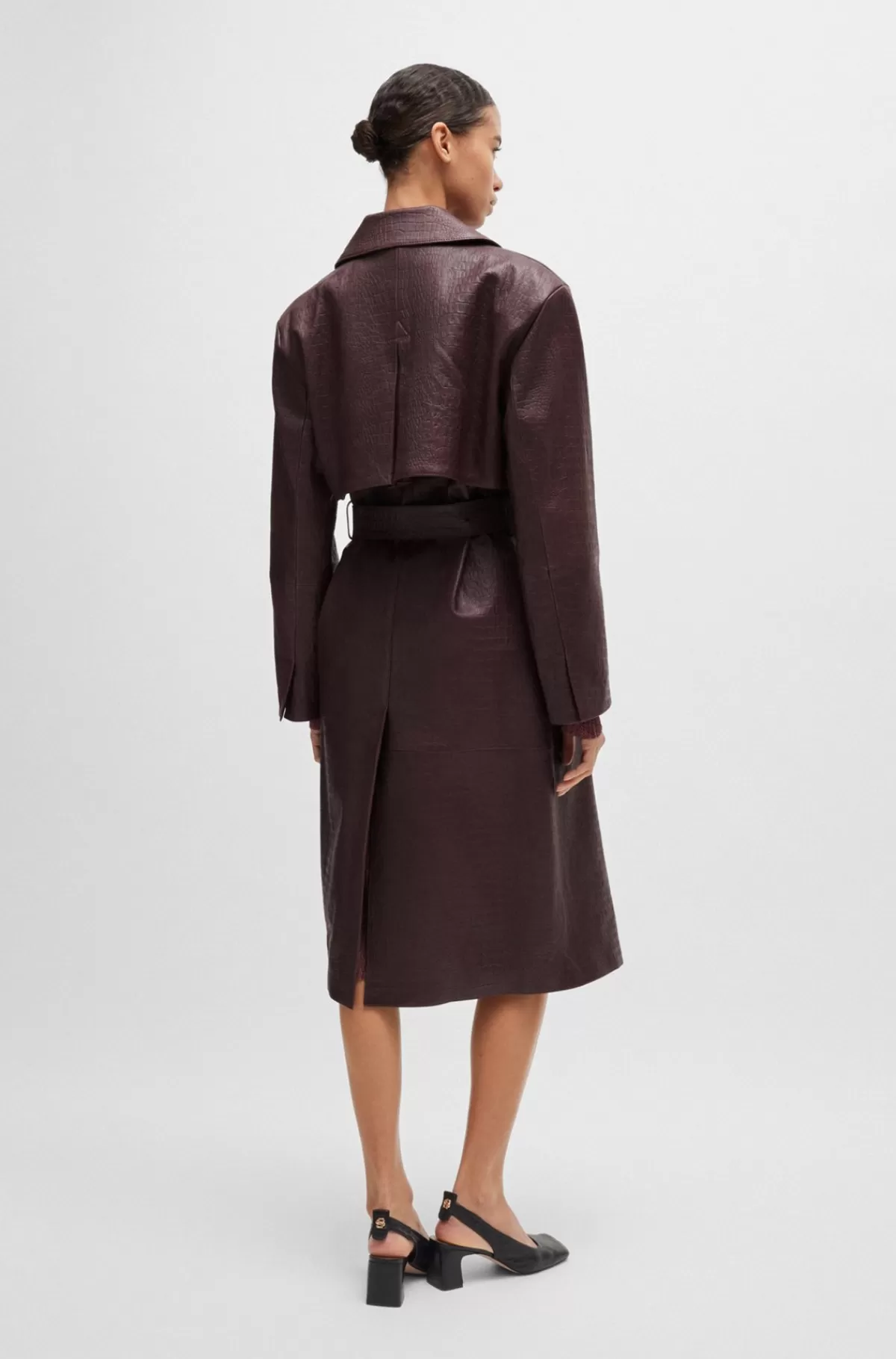 HUGO BOSS Dobbeltradet Trenchcoat I Læder Med Krokodillemønster Mørkerød Cheap