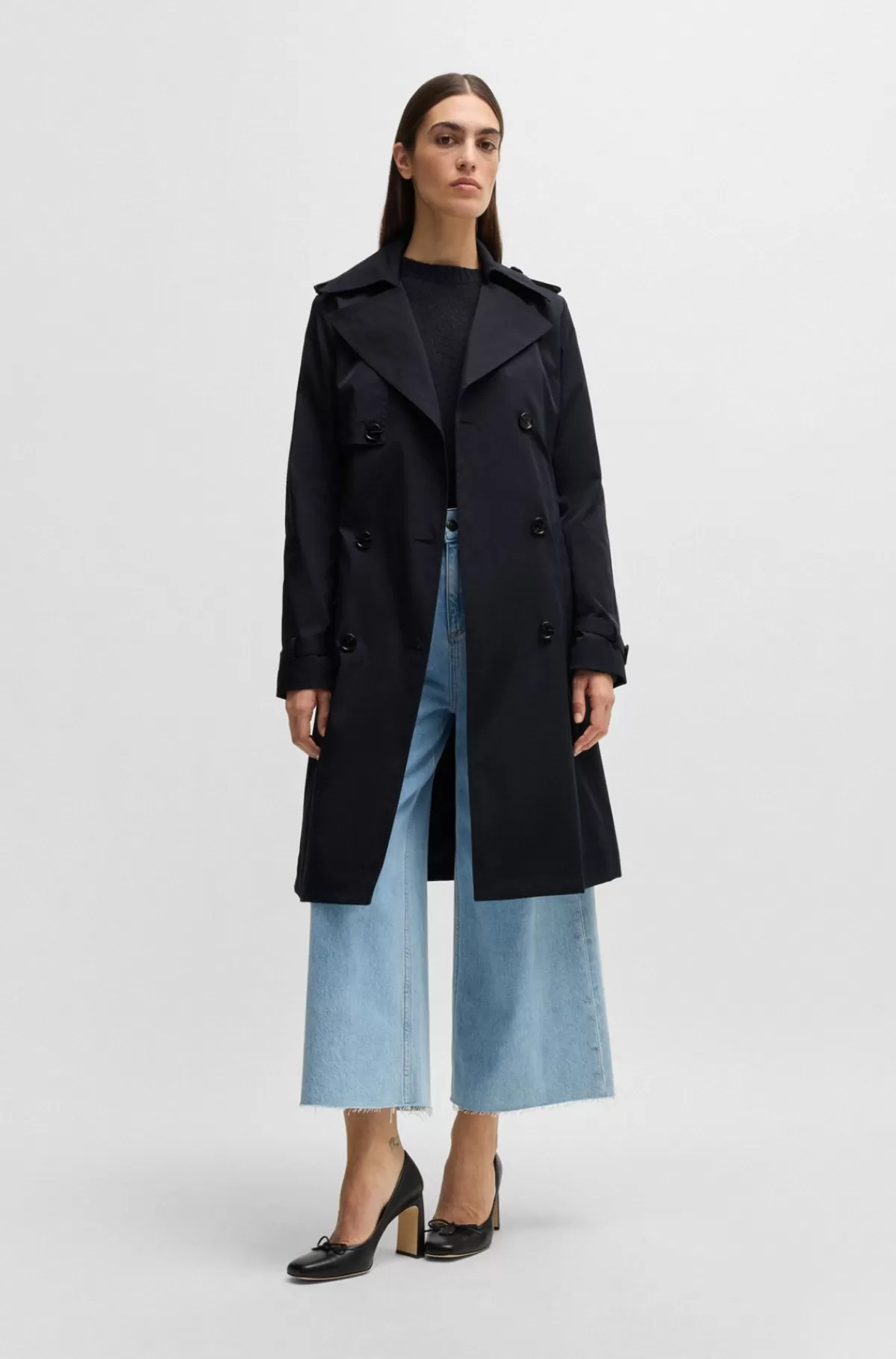 HUGO BOSS Dobbeltradet Trenchcoat Med Bælte Med Spænde Mørkeblå Online