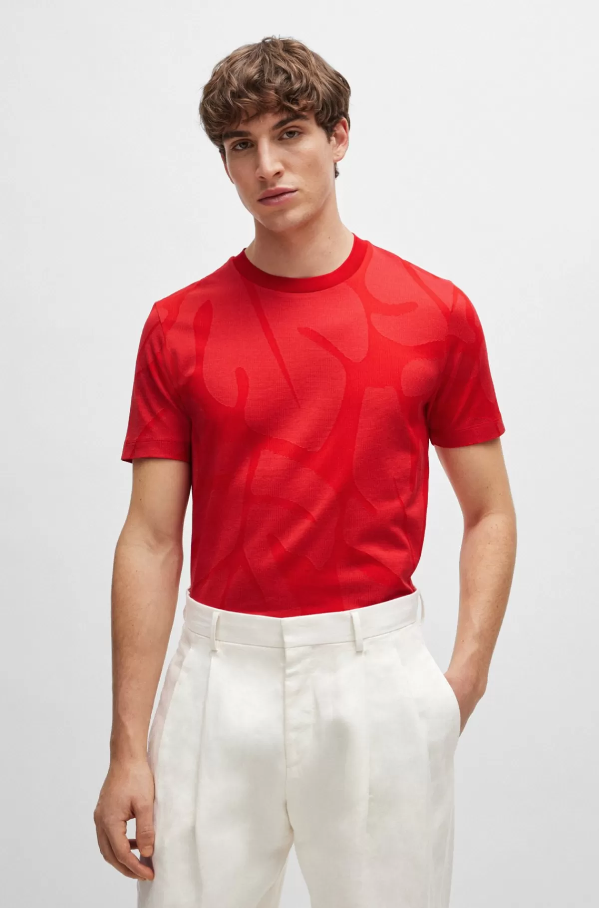 HUGO BOSS En T-shirt I Bomuld Med Fingerfilodendron-mønster I To Toner Rød Best Sale