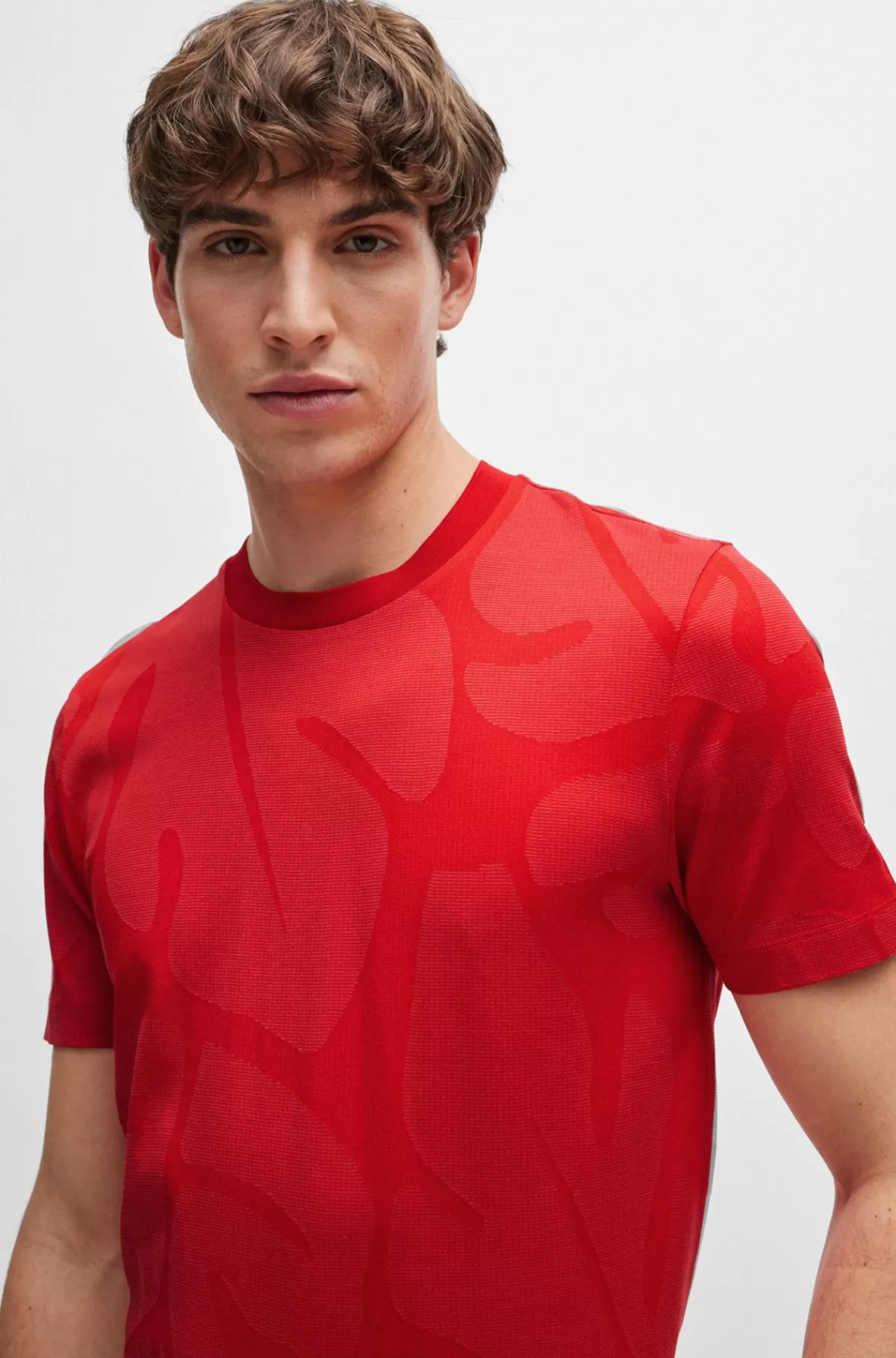 HUGO BOSS En T-shirt I Bomuld Med Fingerfilodendron-mønster I To Toner Rød Best Sale