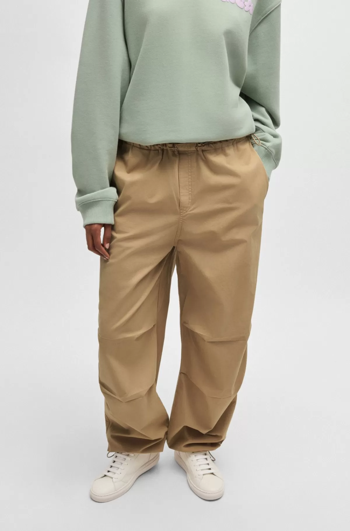 HUGO BOSS Faldskærmsbukser Med Baggy Fit I Bomuldskanvas Beige Outlet