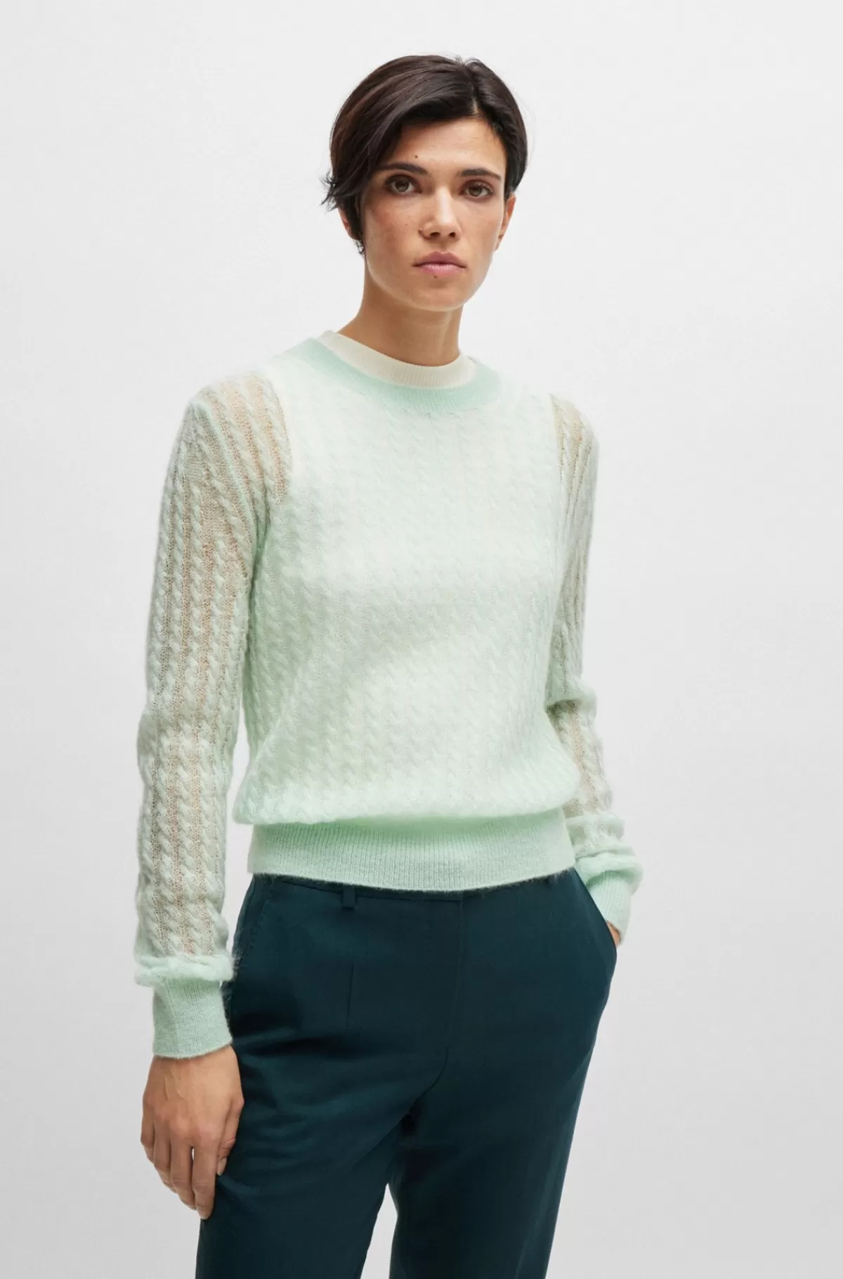 HUGO BOSS Fintstrikket Sweater I Tekstureret Uld Med Kabelstruktur Turkis Clearance