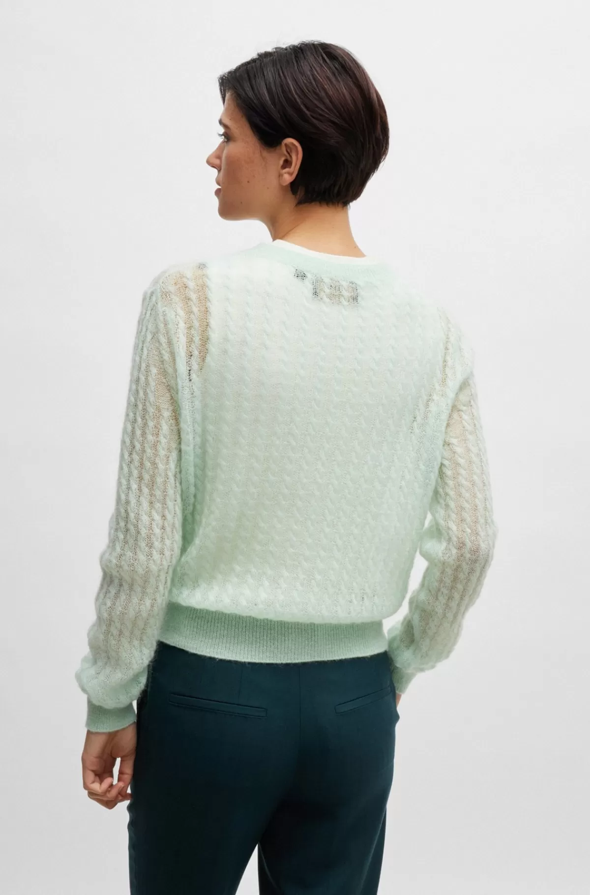 HUGO BOSS Fintstrikket Sweater I Tekstureret Uld Med Kabelstruktur Turkis Clearance