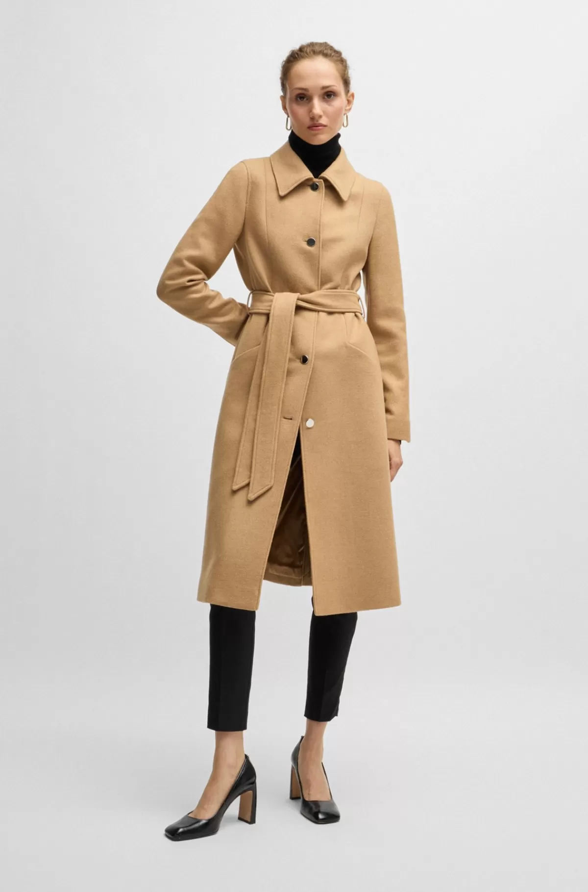 HUGO BOSS Formel Frakke I Twill Med Bælte Og Metalknapper Beige Clearance