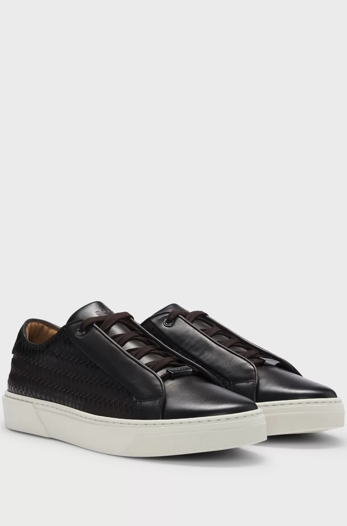 HUGO BOSS Gary-sneakers I Læder Med Vævede Paneler Mørkebrun Flash Sale